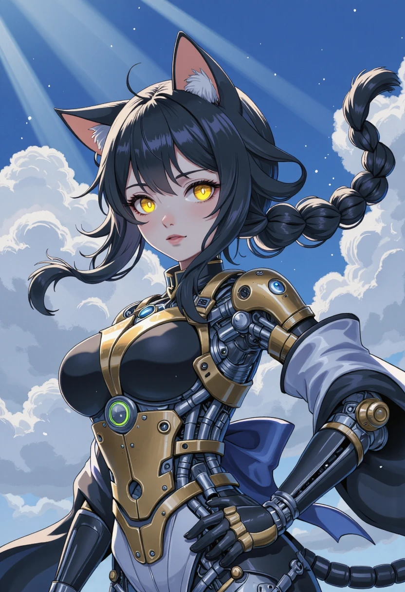 (( furry cat cute petite young)) ,black fur, character focus:1.1, (dynamic angle:1.2), high resolution, 8k, sharp, a cute girl, cute eyes, detail eyes, (kimono, japanese clothes:1.2), (small breasts), (sagging breasts:0.6), slender, (pale skin:0.8), black hair, long hair, braid, cowboy shot, (dutch angle:1.2), dynamic pose, god rays, light, gold and black skin, sky, advntr, reelmech, mechanical parts, cable, wires, machinery, joints, body suit, glowing, glowing eyes, black hair, mech armor Power Suit, Advanced Gear , Futuristic, dark mood, low key, cinematic