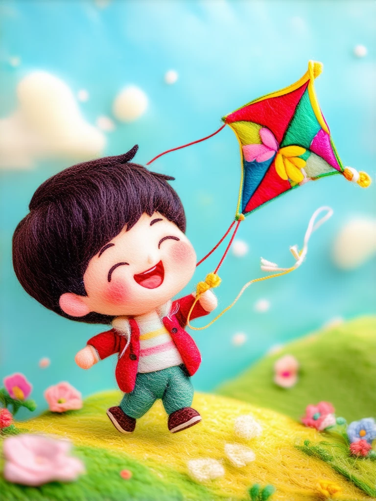 A young boy is flying a colorful kite on a breezy day, the kite soaring high above a grassy hill dotted with wildflowers as his laughter rings out with pure childhood joy.