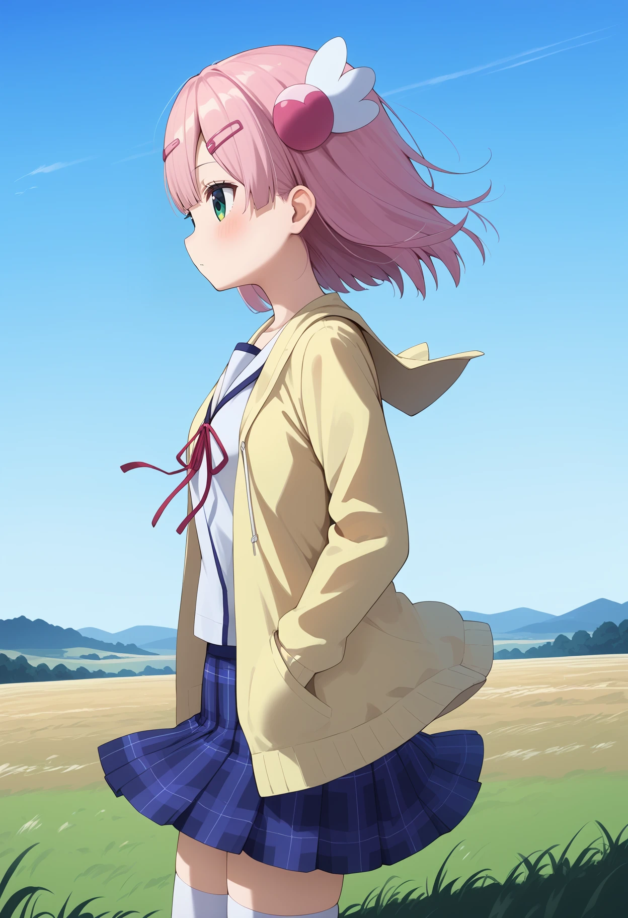 score_9, score_8_up, score_7_up, score_6_up, score_5_up, score_4_up, source_anime, aamomo, short hair, pink hair, hair ornament, hairclip, green eyes, small breasts, school uniform, sailor collar, neck ribbon, shirt, yellow jacket, open jacket, long sleeves, plaid skirt, blue skirt, white thighhighs, <lora:chiyoda_momo_ponyxl_v1:0.9>, standing, cowboy shot, field, from side, wind,