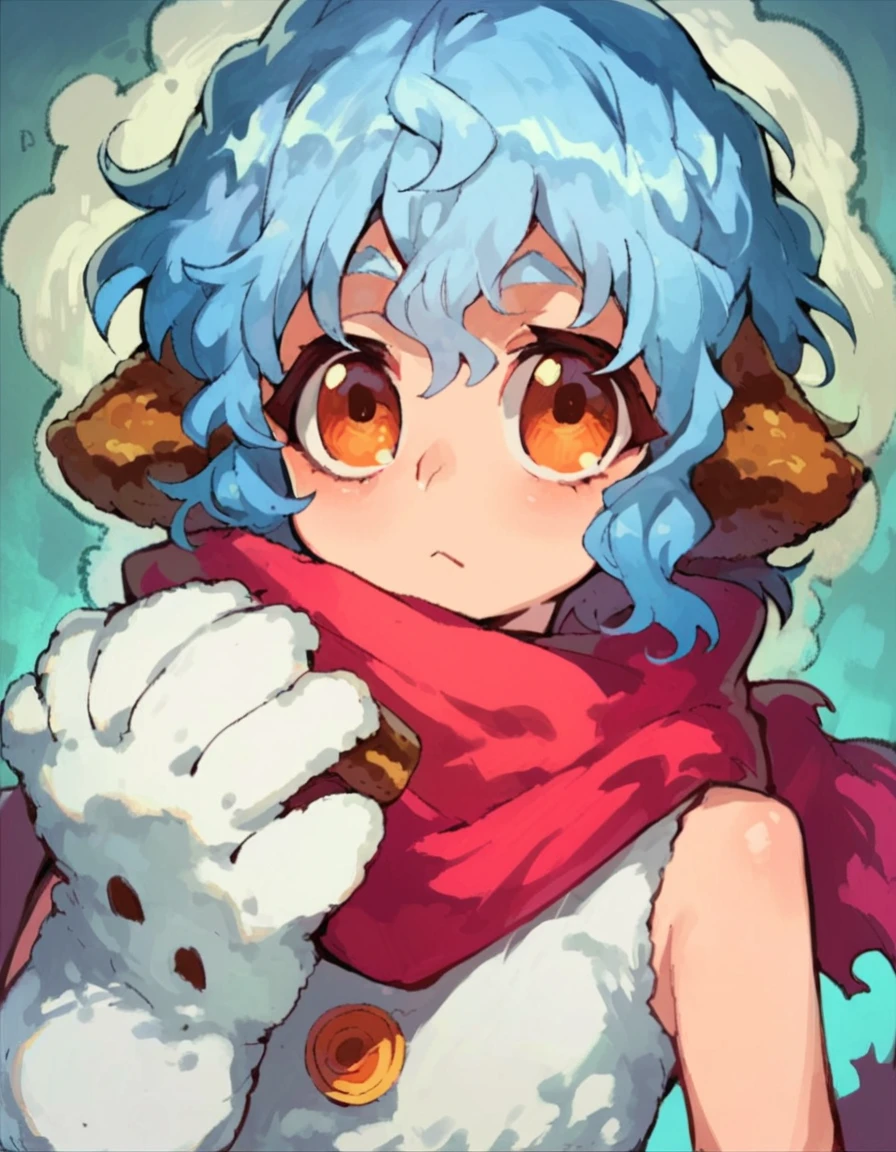 score_9, score_8_up, score_7_up, score_6_up, source_anime, anime coloring,  <lora:yeti-muromi-pony:0.8> yeti-mrm, blue hair, scarf, gloves, short hair, animal hands, red scarf, dog ears, orange eyes, tail, monster girl, 1girl, solo, upper body shot