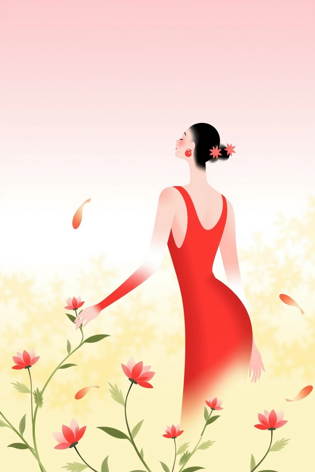 CynthiaPoster. This image is a minimalist, stylized poster that uses soft gradients and flowing lines. This illustration features a woman dressed in a striking red outfit, gracefully posed in a field of swirling pastel flowers. Her hair is elegantly styled, adorned with small flowers that match the colors around her. The background transitions from soft pink at the top to gentle yellow at the bottom, creating a cheerful and lively atmosphere. The flowers dance around her, enhancing the feeling of movement and vitality in the composition. The design emphasizes simplicity and elegance, with abstract shapes that flow around the figure, enhancing the sense of movement and fluidity. The overall aesthetic feels modern and artistic, with a dreamy and ethereal quality.