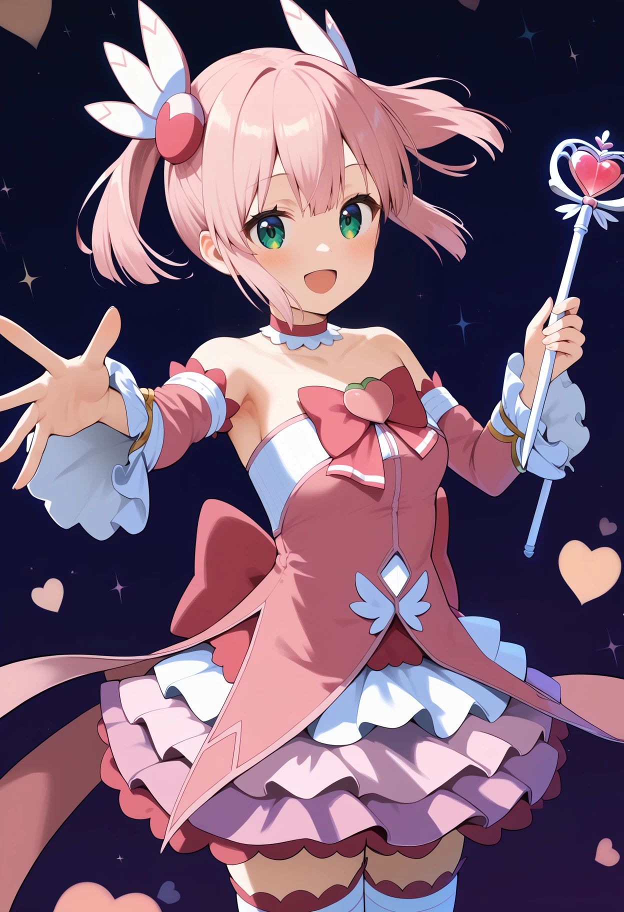 score_9, score_8_up, score_7_up, score_6_up, score_5_up, score_4_up, source_anime, aamomo, short hair, pink hair, twintails, hair ornament, green eyes, small breasts, magical girl, pink choker, bare shoulders, pink bow, frills, strapless dress, pink dress, detached sleeves, layered skirt, white thighhighs, <lora:chiyoda_momo_ponyxl_v1:0.9>, standing, cowboy shot, holding wand, smile, open mouth, reaching,