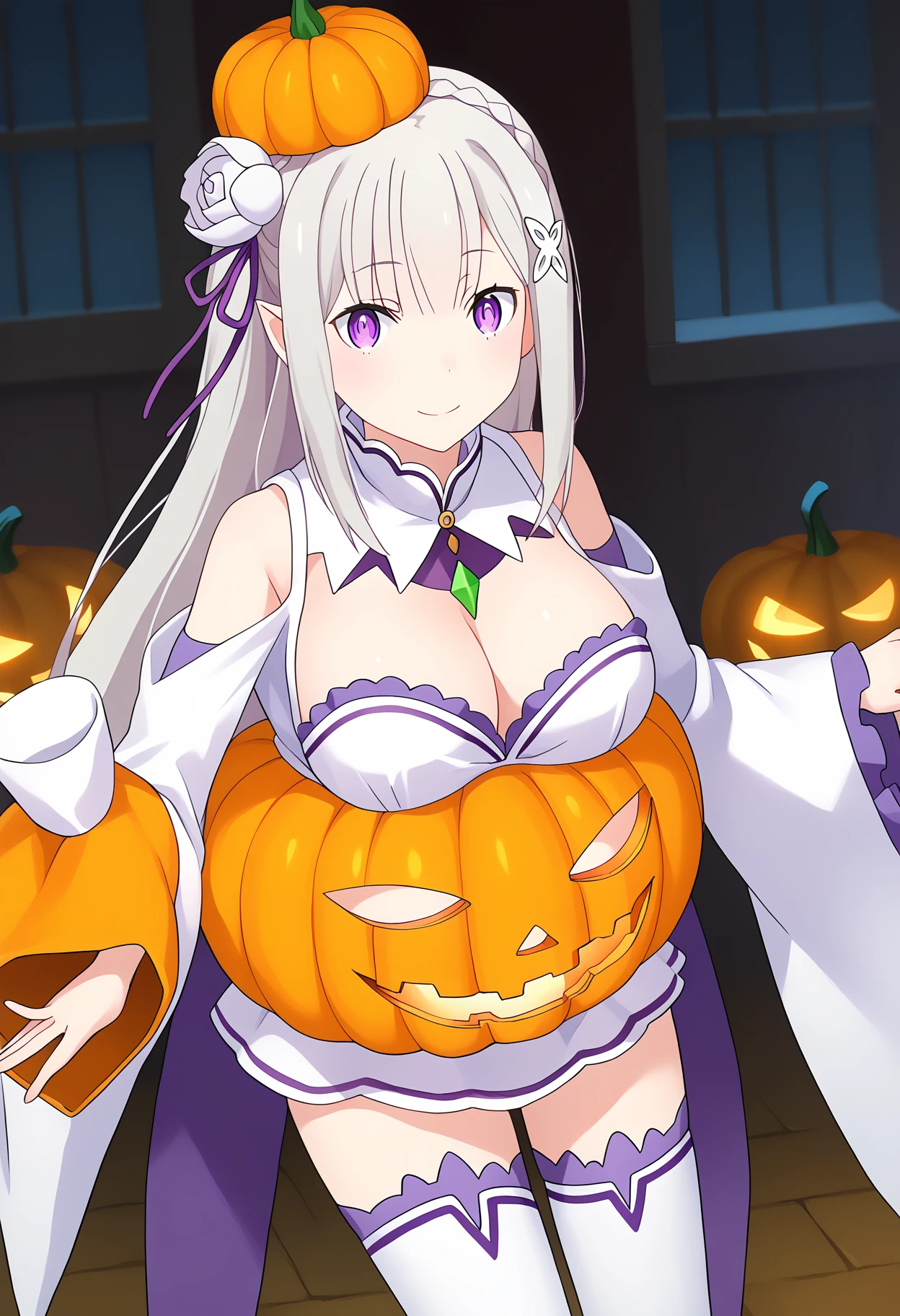 score_9, score_8_up, score_7_up, source_anime,
BREAK
<lora:shiPumpkinOutfitV1:1>, shipumpkinoutfit, pumpkin costume, jack-o'-lantern, pumpkin hat, 
1girl, solo,
<lora:shiEmiliaV2:1> shimilia, long hair, grey hair, purple eyes, pointy ears, crown braid, hair flower, hair ribbon, purple ribbon, x hair ornament, white dress, cleavage, bare shoulders, wide sleeves, white thighhighs,
looking at viewer, smile, large breasts,