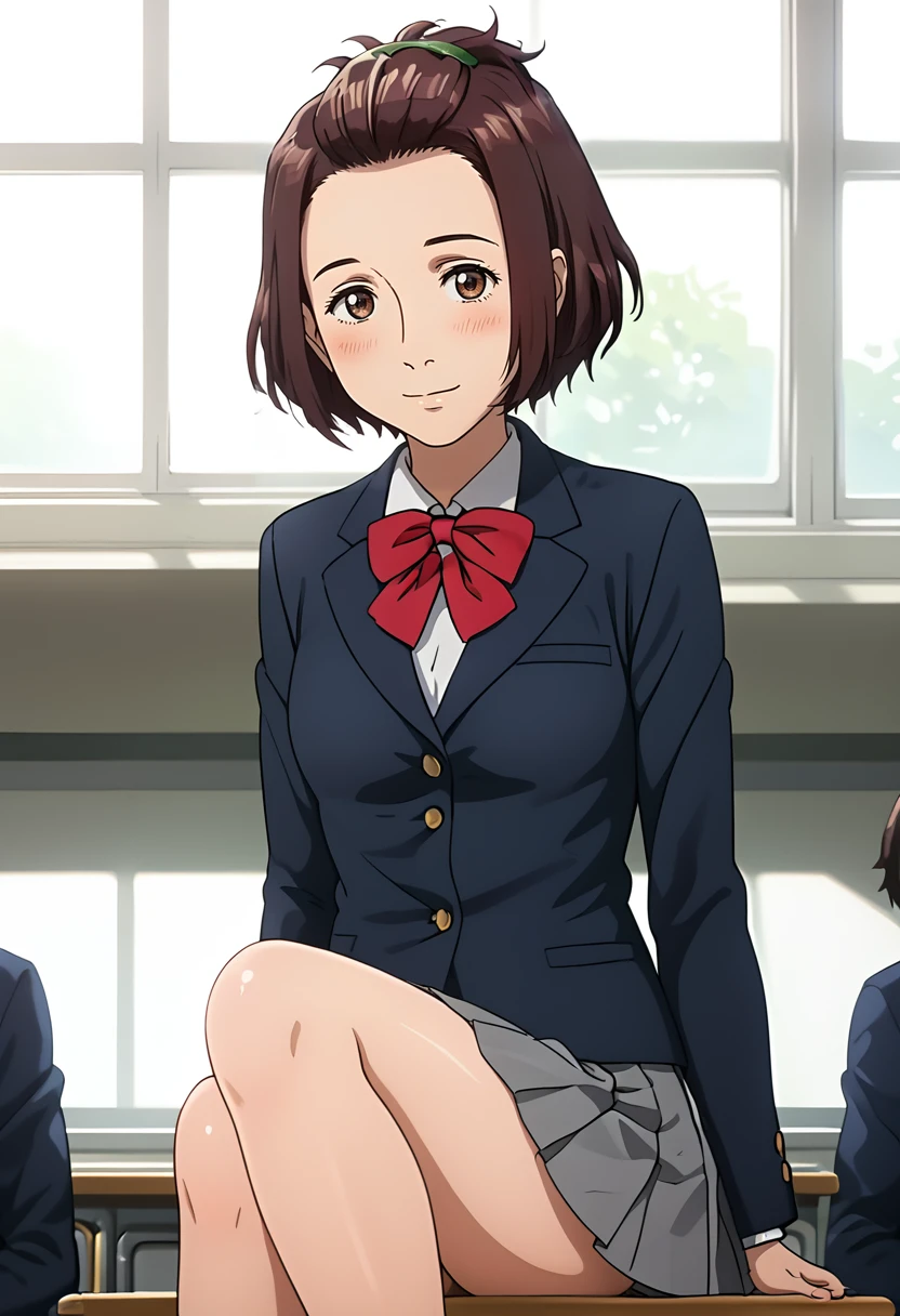 score_9, score_8_up, score_7_up, score_6_up, score_5_up, 1girl, <lora:Satomi_Murano_-_Parasyte:0.9> Satomi Murano, brown eyes, brown hair, sidelocks, short hair, forehead, hair ornament, green hairclip, school uniform, blazer, collared shirt,red bowtie, pleated skirt, grey skirt, teen, teenager, slim legs, slim body, big eyes, sexy, female focus, fantasy, expressive, skindentation, 1female, masterpiece, 32K HD, beautiful attention to detail, detailed eyes, shiny skin, showing lots of skin, wide lens, perfect hands, perfect eyes, 2d, anime, source_anime, anime screencap, hentai, source_hentai, flat shadows, anime coloring, flat colors, looking at viewer, zPDXL2, zPDXLxxx, mature content, nsfw, rating explicit, blush, closed mouth, clothed female, uncensored, indoors, school, classroom, knee out of frame, feet out of frame, smile, sitting