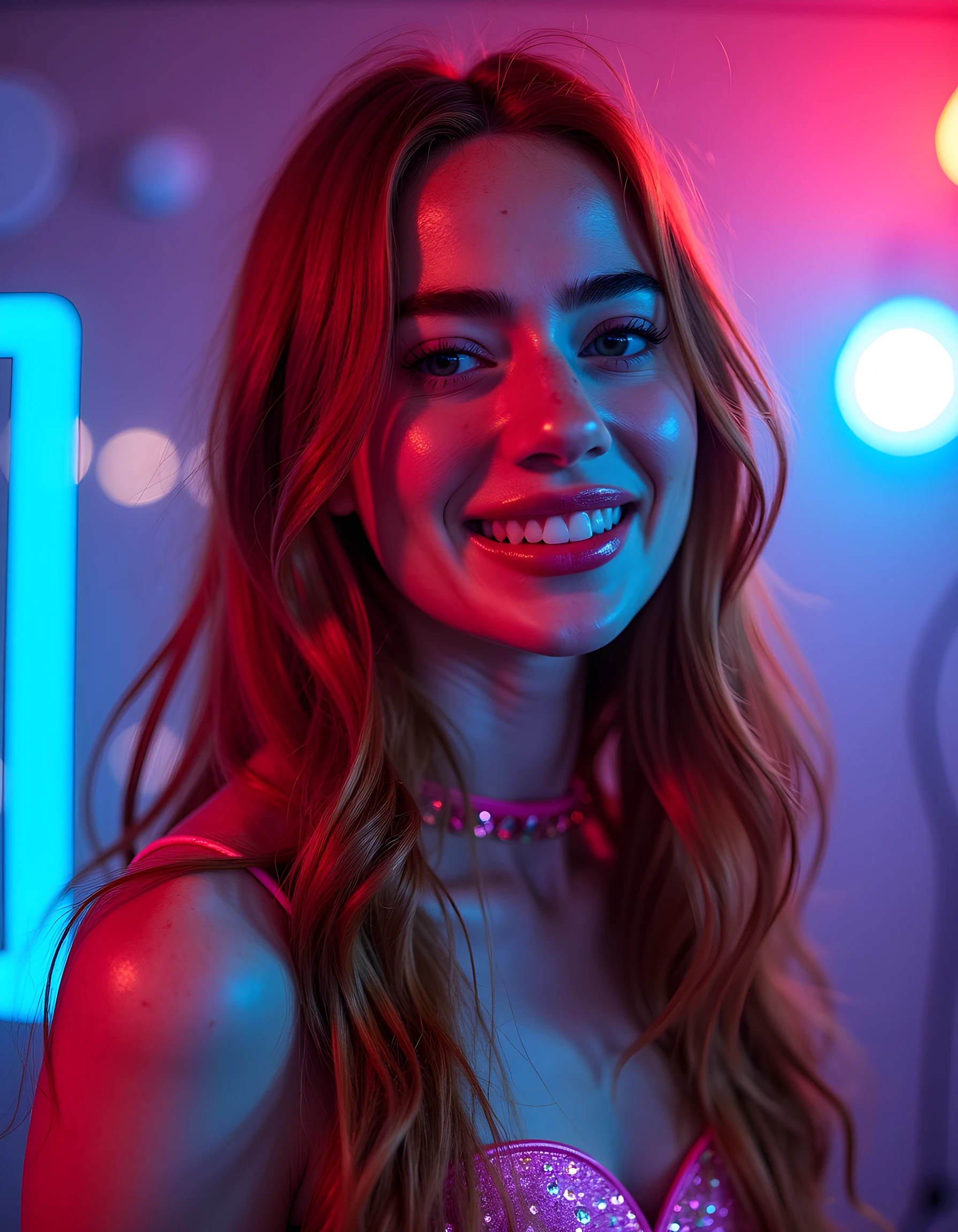 Intricate details, Ultra realistic facial portrait of a slim naked hot redhead ager with a choker around her neck in the middle of a disco party inside a disco at night. The photo has intense flash and high exposure, the girl is slim, with small breasts, a shaved vagina and a beautiful smile.