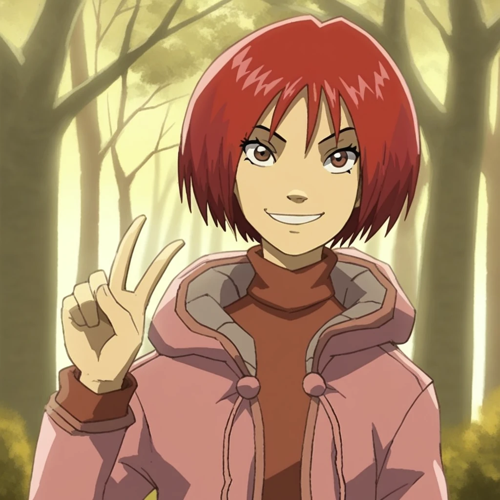 score_9, solo, willv_w, 1girl, short hair, red hair, brown eyes, jacket, hood down, turtleneck, tree, looking at viewer, smirk, v, natural lighting