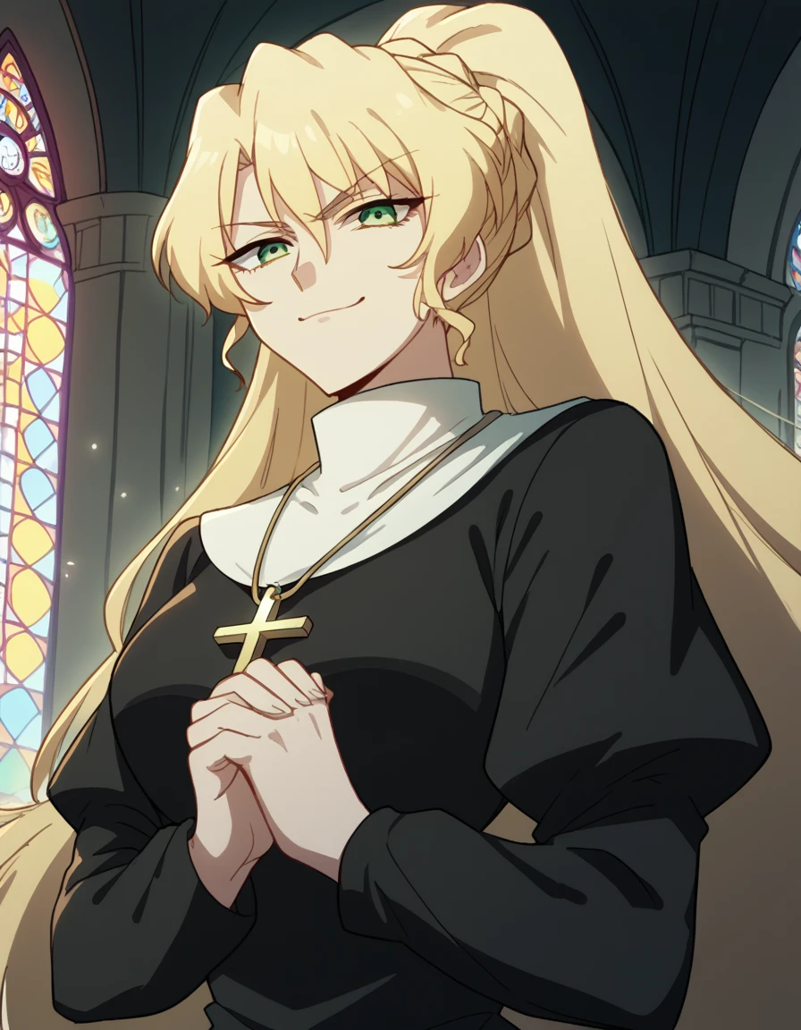 score_9, score_8_up, score_7_up, source_anime, <lora:alicetaria-february-s1-ponyxl-lora-nochekaiser:1>, alicetaria february, long hair, green eyes, blonde hair, ponytail, braid, large breasts,, <lora:traditional-nun-ponyxl-lora-nochekaiser:1>, traditional nun, nun, habit, long sleeves, dress, black dress, jewelry, black veil, cross, cross necklace,, church, smug, praying,, , dutch angle, cowboy shot