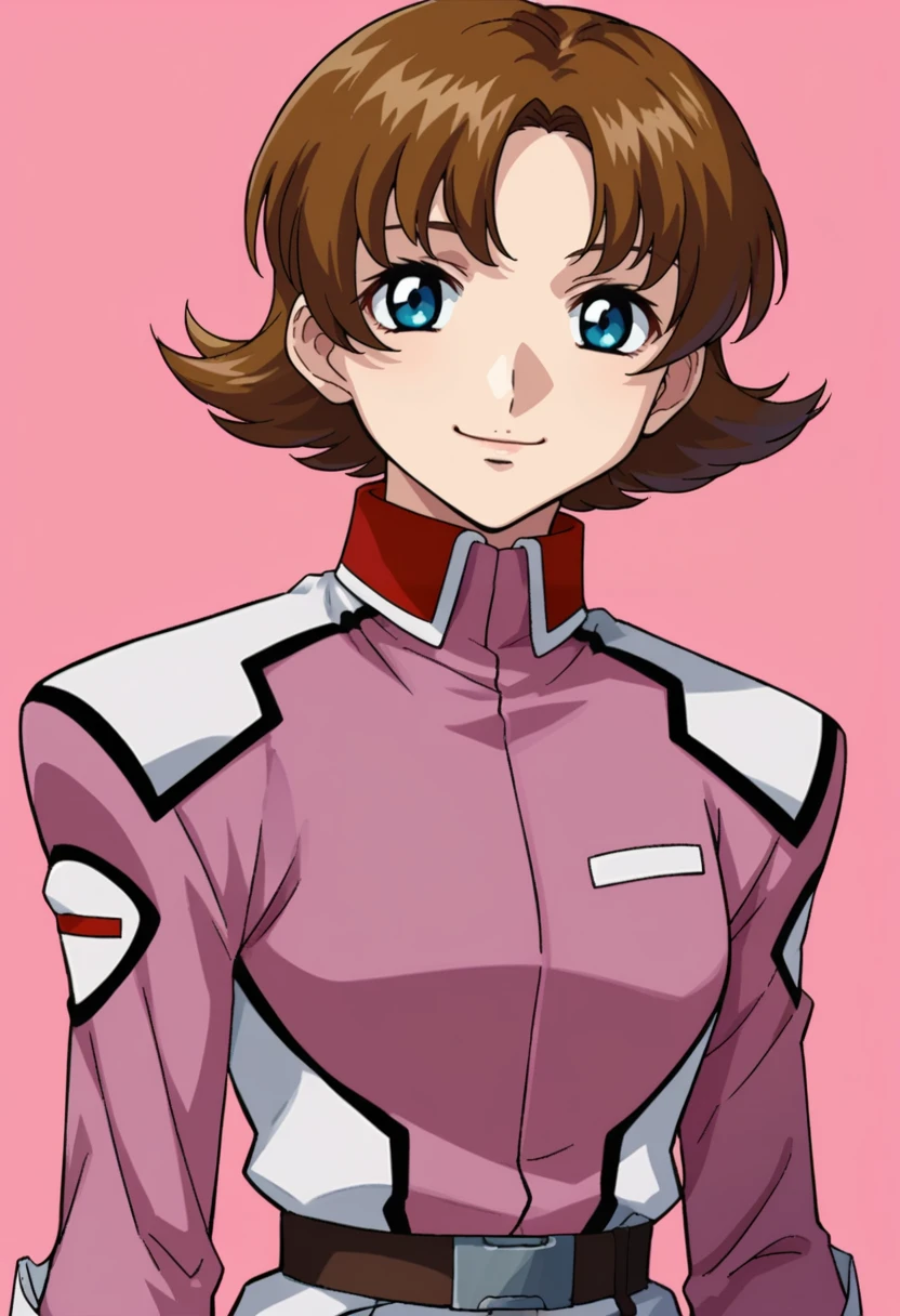 score_9,score_8_up,score_7_up,score_6_up,score_5_up,score_4_up,anime coloring,source_anime,<lora:Miriallia_Haw_Gundam_SEED_Pony:0.8>,miriallia,1girl,solo,blue eyes,brown hair,short hair,flipped hair,pink jacket,belt,smile,multicolored background,portrait,upper body,looking at viewer,