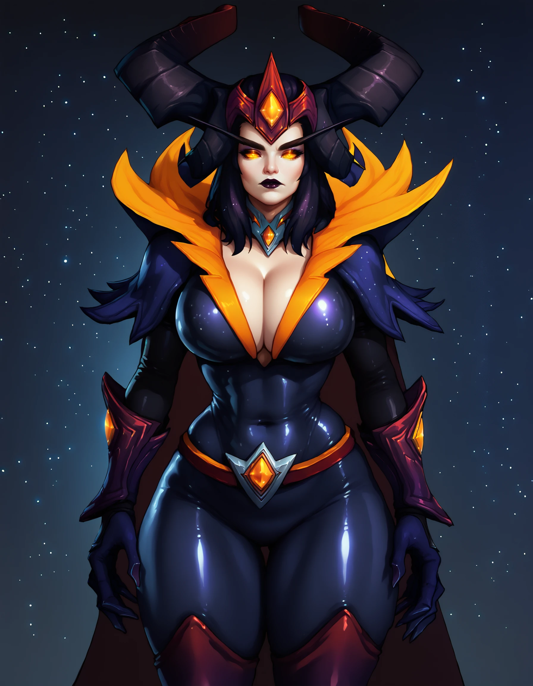 score_9, score_8_up, score_7_up, score_6_up,
<lora:AlexHotS_v2_Pony-10:1>
alexdark, dark purple bodysuit, orange cowl, dark purple hair, cleavage, dark cape, orange eyes, thigh boots, red belt, dark tiara, huge breasts, dark purple lipstick,  thick thighs, long eyebrows, vambraces, latex,  pauldrons, glowing eyes,
standing, dark scene,  evil, looking at viewer, half-lidded eyes, looking down at viewer, closed mouth,  frown, red-tipped horrns,
AND
galaxy background, black background,