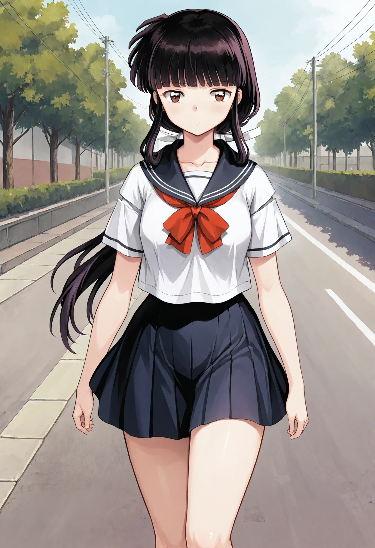 <lora:kikyo_inuyasha_ill:1>1girl, , , solo, kikyoinu, , black hair, brown eyes,, hair ribbon, long hair, blunt bangs, sidelocks, low ponytail, <lora:kikyo_inuyasha_pony:0.8>, serafuku, miniskirt, cowboy shot, thighs, looking at viewer, road, short sleeves,