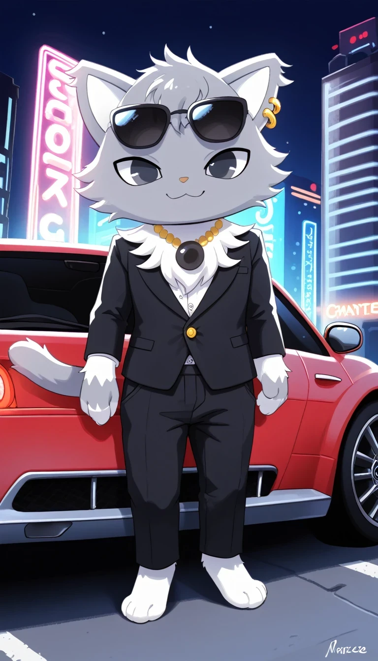 ((dian)), male, furry, furry male, solo, 1boy, jewelry, no humans, solo, necklace, :3, cat, earrings, ais-plasticz, score_9, score_8, city, car, full view, wide view, wide landscape view, posing next to a car, relaxed, narrowed eyes, smile, looking away, at night, neon lights ,dutch angle, full body, wide view, from afar, view from far away, sunglasses, tuxed, black pants, elegant