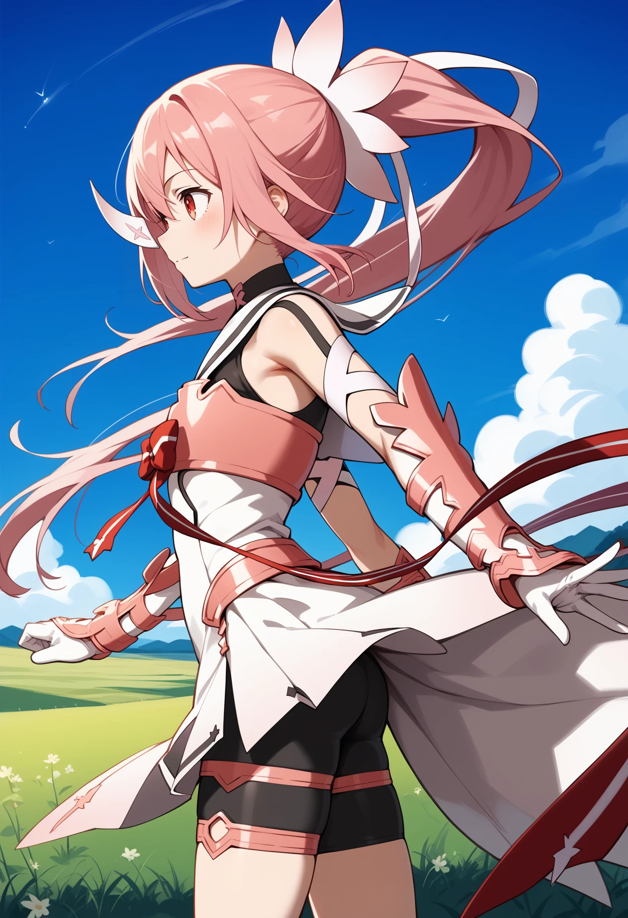 score_9, score_8_up, score_7_up, score_6_up, score_5_up, score_4_up, source_anime, aayuuna, long hair, pink hair, ponytail, hair ornament, red eyes, magical girl, white sailor collar, white dress, breastplate, red ribbon, arm guards, white gloves, bike shorts, thigh strap, <lora:yuuki_yuuna_ponyxl_v1:0.9>, from side, wind, field, looking at another, standing, cowboy shot, solo