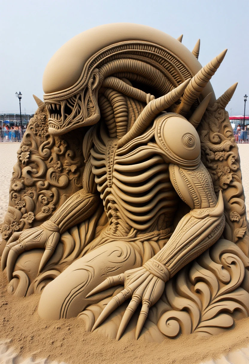 <lora:Sand_Sculpture_Sculptor_FLUX:1>
The image is a photograph of a detailed sand sculpture depicting a majestic Xenomorph with intricate carvings.