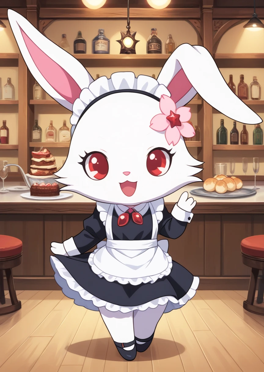 score_9, score_8_up, score_7_up, score_6_up, score_5_up, BREAK
ru6y, anthro, female, jewelpet, furry, rabbit ears, solo, looking at viewer, smile, open mouth, hair ornament, red eyes, flower, :d, necklace, no humans, rabbit, chibi, short limbs, dynamic pose, cafe, (maid dress), maid headdress, tray, indoors