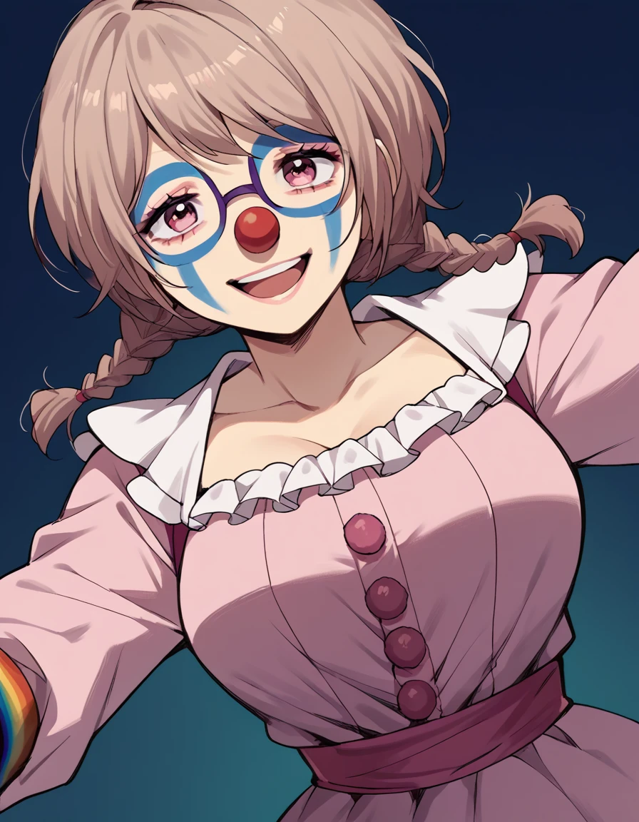 score_9, score_8_up, score_7_up, source_anime, <lora:an-onoya-s1-ponyxl-lora-nochekaiser:1>, an onoya, brown hair, pink eyes, braid, twin braids, glasses, large breasts,, <lora:clown-ponyxl-lora-nochekaiser:1>, clown, makeup, clown nose, facepaint, gloves, long sleeves, frills, dress,, smile, open mouth, smug, , dutch angle, cowboy shot