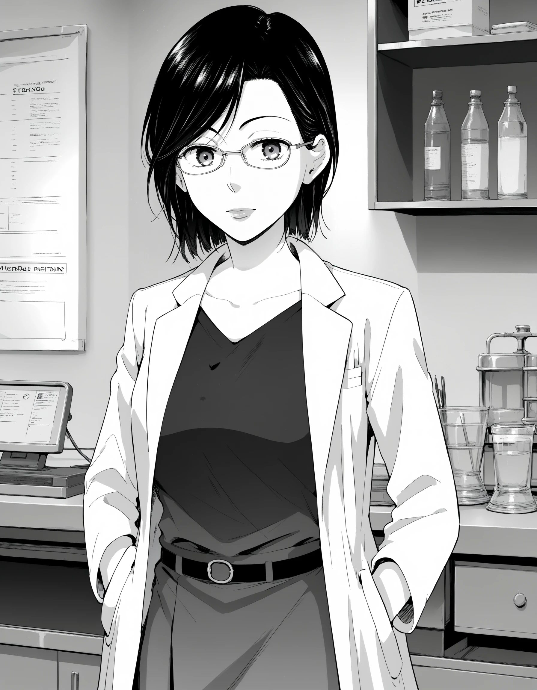 score_9, score_8_up, score_7_up, monochrome
BREAK 1girl, <lora:ErikoXL-v4:0.9>, eriko, glasses, lab coat, shirt, belt, skirt, looking at viewer, indoors