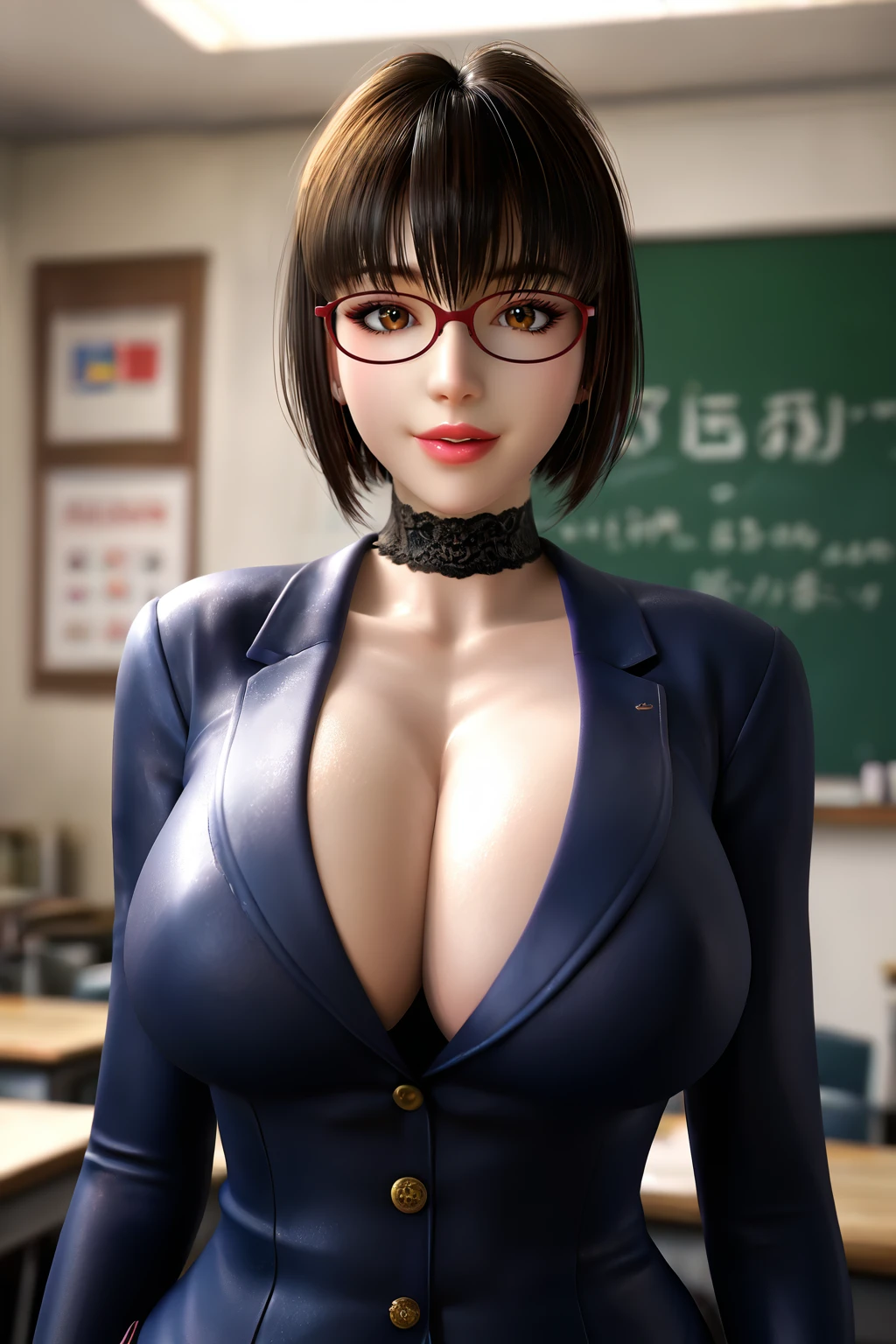 score_9,score_8_up,score_7_up,
pov,1girl,mature female,milf,huge breasts,portrait,cowboy shot,looking at viewer,seductive smile,standing, in front of chalkboard, lecturing, teaching, 
Outstanding,master work,32K,UHD,best quality,perfect work,ray tracing,ultra-clear,ultra-high-definition,detailed,ultra-high resolution,Best quality,masterpiece,soft light,official art,masterpiece,high quality,highres,absurdres,best quality,epic scene,natural textures,<lora:Miyuki Kageyama Pony:0.8>,miyuki kageyama,short hair,brown hair,black hair,glasses,red-framed eyewear,lipstick,choker,brown eyes,cleavage,suit,black suit,