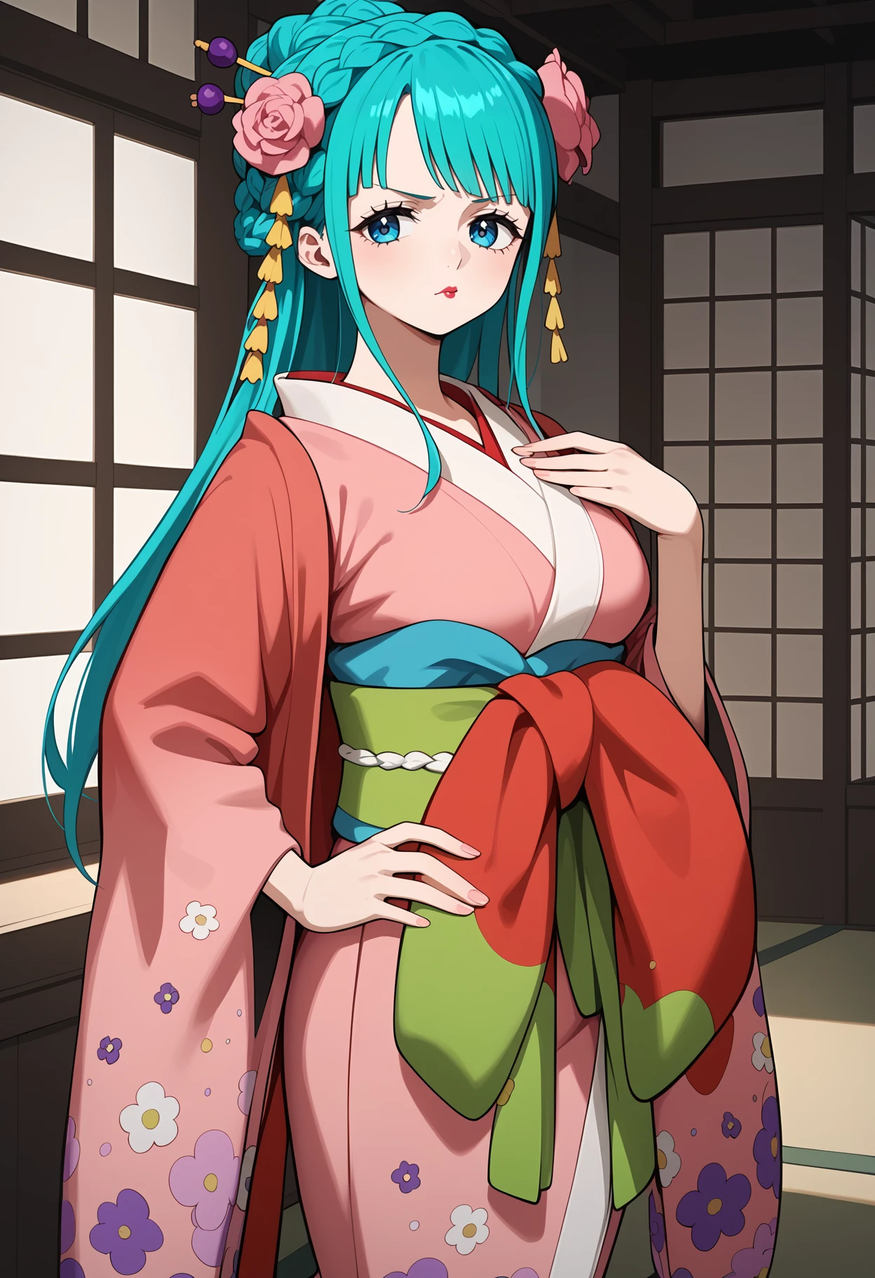 score_9, score_8_up, score_7_up, score_6_up, score_5_up, score_4_up, source_anime, aahiyori, long hair, aqua hair, braid, hair flower, blue eyes, lipstick, breasts, red kimono, pink kimono, sash, <lora:kouzuki_hiyori_ponyxl_v1:0.9>, indoors, standing, cowboy shot, hand on own hip, pout,