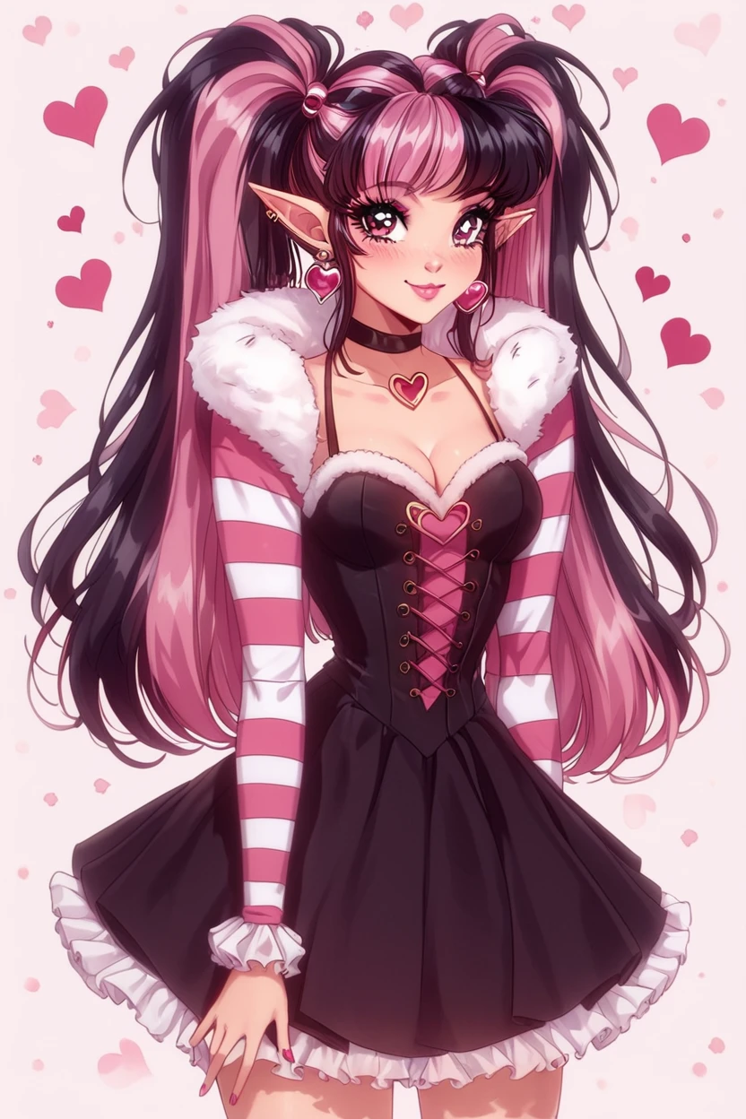 score_9, score_8_up, score_8, medium breasts, (curvy), cute, eyelashes,       BREAK, , zzDraculaura, black hair, twintails, multicolored hair, two-tone hair, streaked hair, long hair, pink hair, pointy ears, retro artstyle, 1990s (style),  cleavage, jewelry, heart, earrings, black choker, frills, striped, fur trim, makeup, heart earrings, striped sleeves, black dress,    <lora:NewDraculaura_PDXL:1.0>,, BREAK, smile, closed mouth, looking at viewer, cowboy shot, ,,, embedding:zPDXL, Expressiveh, ,,, <lora:Puppypaww_Style_PDXL_v2:0.8>, <lora:SDXLFaeTastic2400:0.5>, <lora:Expressive_H-000001:0.4>,