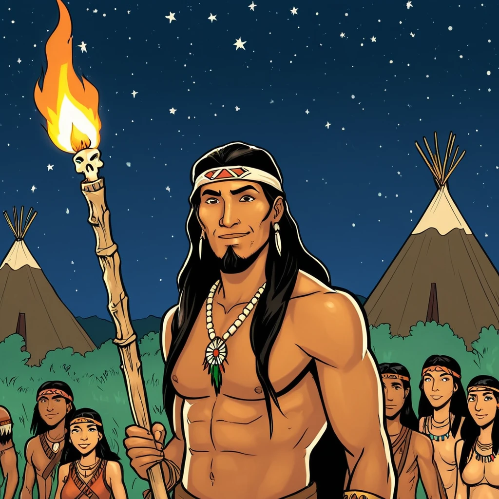 <lora:comic art (BlacknWhiteComics):0.9> 
a cartoon of a native American man holding a stick and bones while standing in front of his tribe, perfect face expression, different face expression, comic book style, comic art style, different character, different background, comic ink style, comic color style, adult comic style, graphic novel style, long hair, smile, black hair, holding, male focus, outdoors, multiple boys, sky, cape, torn clothes, night, headband, fire, star (sky), night sky, beard, starry sky, candle, tunic, torch, holding torch, native style