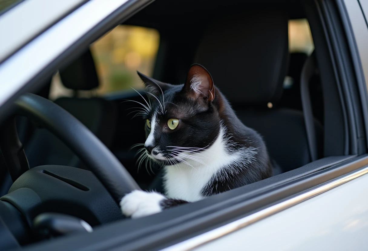 black and white  cat MAOTHECAT with white verical strip on the nose driving the car