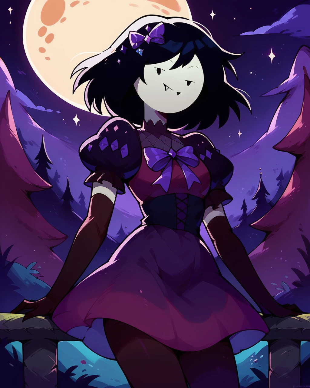 score_9, score_8_up, score_7_up, 1girl, solo, Marceline, no nose, oval eyes, medium hair, purple dress, bow, puffy short sleeves, purplestaroutfit, elbow gloves, leggings, hair ornament, smile, fang, looking at viewer, dynamic angle, outdoors, moon, <lora:Marceline_PDXL_V2:1>