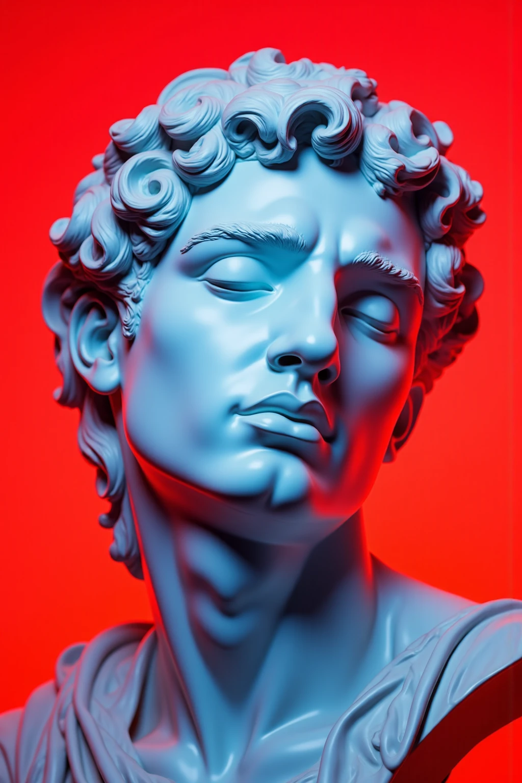 CynthiaSculpture, this is a close-up image of a statue's head with a futuristic and minimalist style. the statue is predominantly cool blue, contrasting sharply with the bright red background, making it stand out in the composition. the facial features are well-defined, with a closed-eye expression that conveys a sense of calm and confidence. the hair is detailed with smooth curves, giving it a sense of flow. the pure red background adds visual impact, enhancing the statue's modern artistic atmosphere. the overall style combines the dignity of classical sculpture with minimalist color treatment, creating a calm yet tension-filled visual effect.