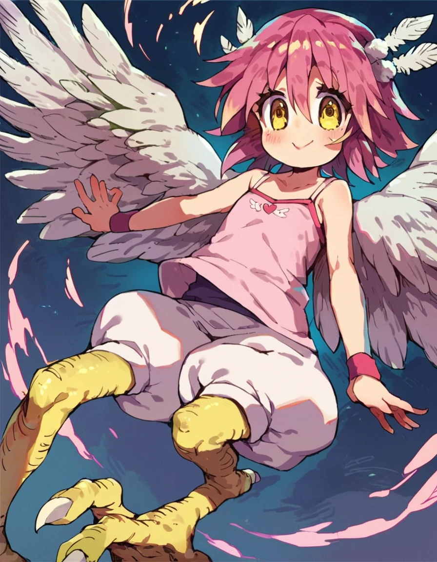 score_9, score_8_up, score_7_up, score_6_up, source_anime, anime coloring,  <lora:harpy-muromu-pony:0.8> muromiharpy, wings, pink hair, yellow eyes, short hair, monster girl, harpy, feathered wings, camisole, hair ornament