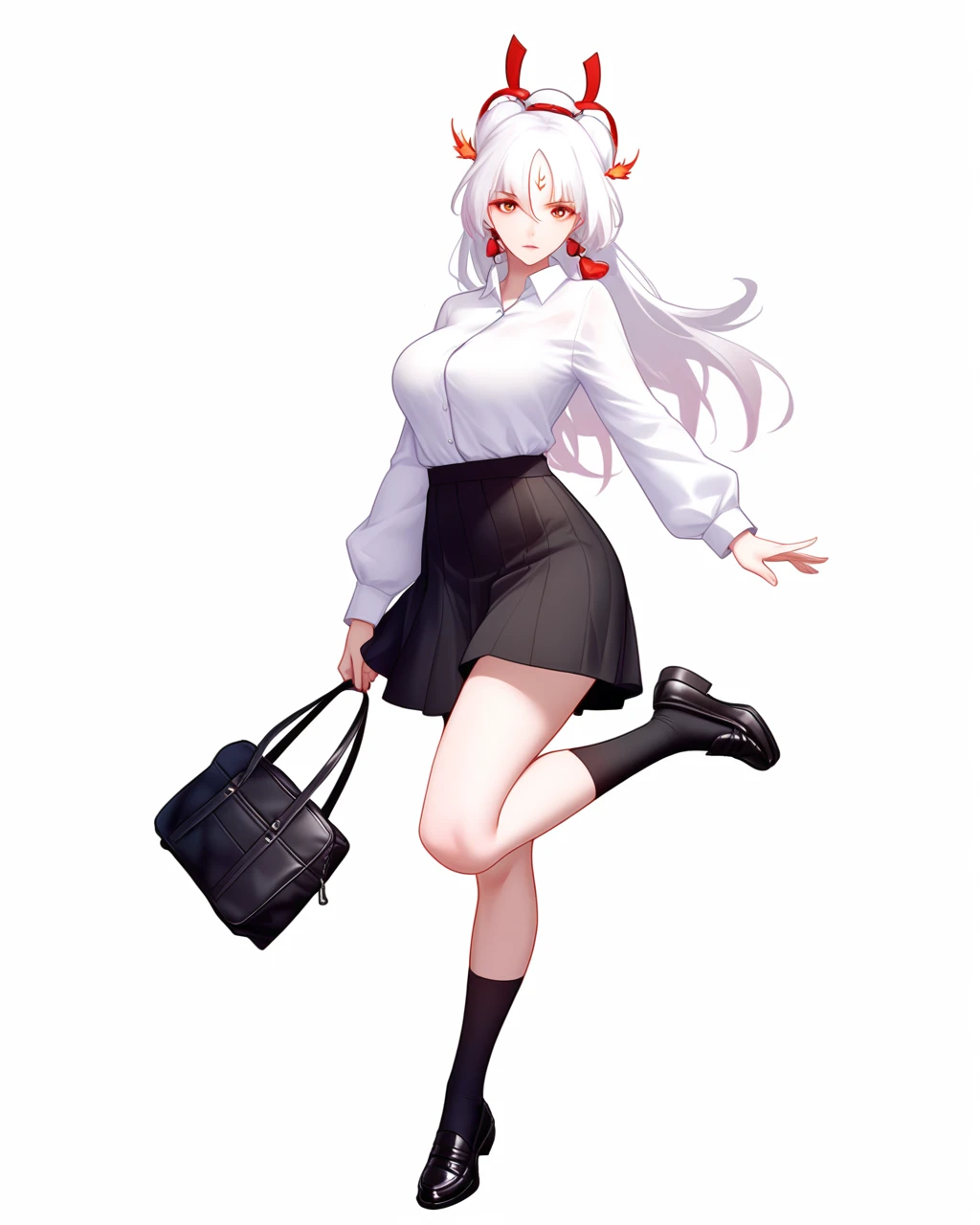 buzhihuo_xl,1girl,solo,forehead mark,looking at viewer,mature_female,white hair,long hair,hair between eyes,bag,shirt,school uniform,full body,school bag,black footwear,socks,shoes,black skirt,white background,black socks,standing,standing on one leg,holding,long sleeves,loafers,simple background,shirt tucked in,leg up,closed mouth,breasts,<lora:BUZHIHUO_xl_32dim_NoneREG:1>,