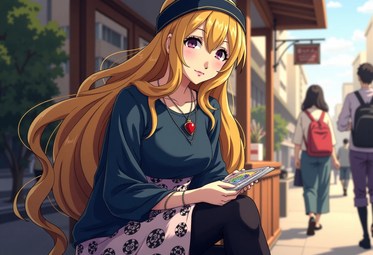 A detailed solo portrait of mifune chihaya,, blonde,
Anime style, sharp, high contrast and highly detailed.,
 <lora:persona5_mifune_chihaya_flux_1_2-000004:1>,
She is wearing a layered, bohemian-style outfit. She has on a long-sleeved, deep blue underlayer paired with a flowing, pastel-colored dress featuring abstract patterns. The dress has thin, black ties around the waist, adding a slight cinching effect, and the fabric has a subtle texture with artful black circular and line designs that resembles mythical patterns. Her accessories include a wide, dark headband that sits over her long, wavy blonde hair, creating a relaxed and artsy look. Sheâs also wearing a necklace with a red pendant that stands out against her outfit. The outfit is completed with dark tights and black ballet flats, which enhance her refined, yet casual appearance. 
She is sitting on a fortune telling booth by a busy street. She is holding a pack of tarot cards. She is looking at the camera with a beautiful smile.