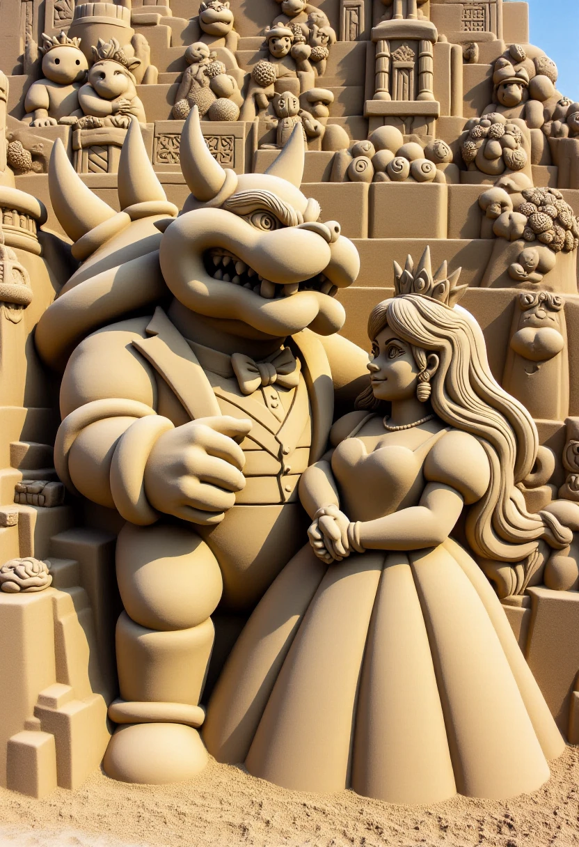 <lora:Sand_Sculpture_Sculptor_FLUX:1> 
 The image is a photograph of a detailed sand sculpture depicting a majestic Bowser in a tuxedo getting married to Princess Peach wearing a wedding dress, with intricate carvings.