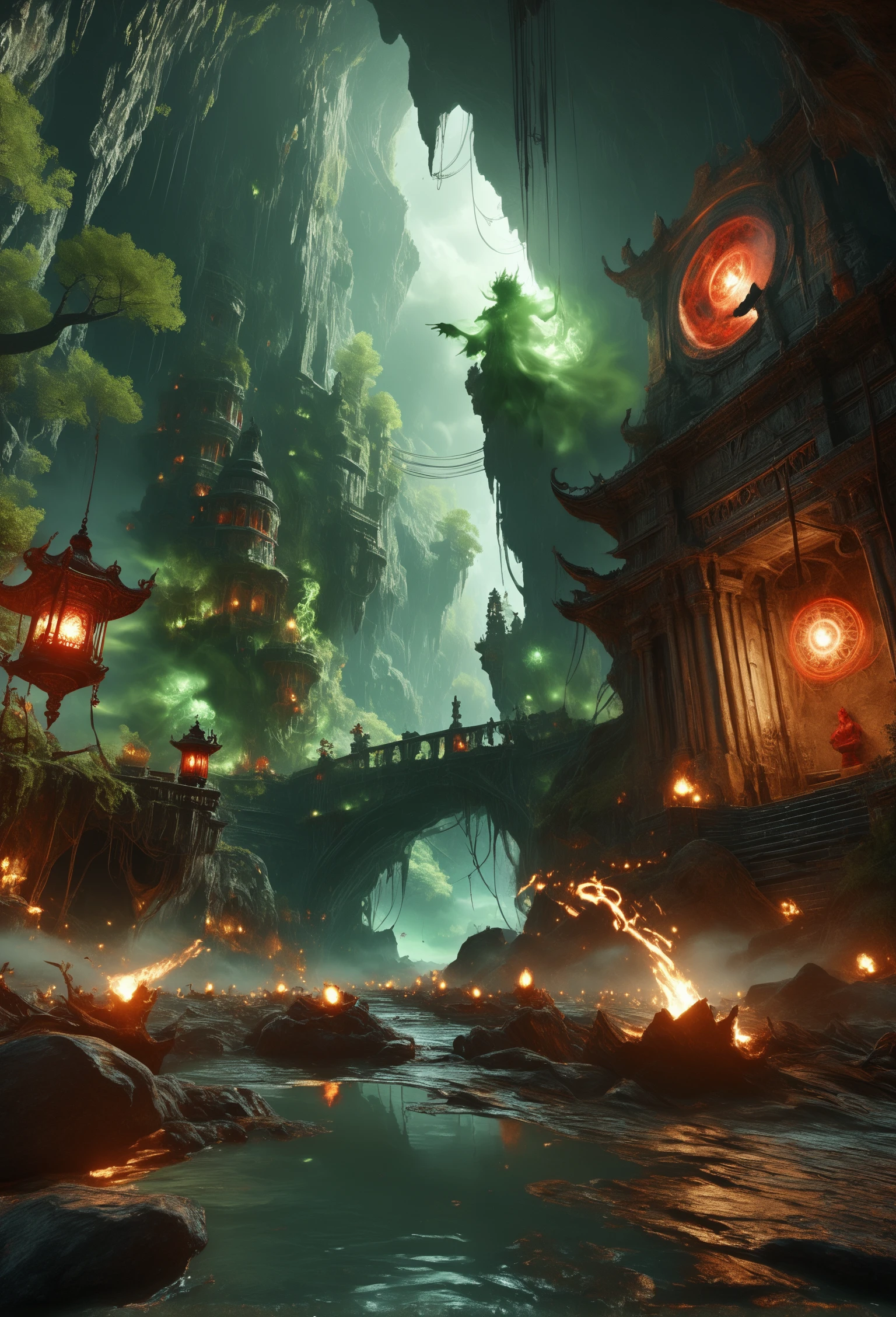 score_9, score_8_up, score_7_up, (in the middle is a massive glowing gate with intricate detailed frame, arms reaching out of portal from otherworld:1.2), abyssmerald, dark, haunting, green fog, cave, river, water reflection, red lantern, background fantasy, ancient background, masterpiece, top quality, best quality, official art, cinematic lightings, photorealistic.