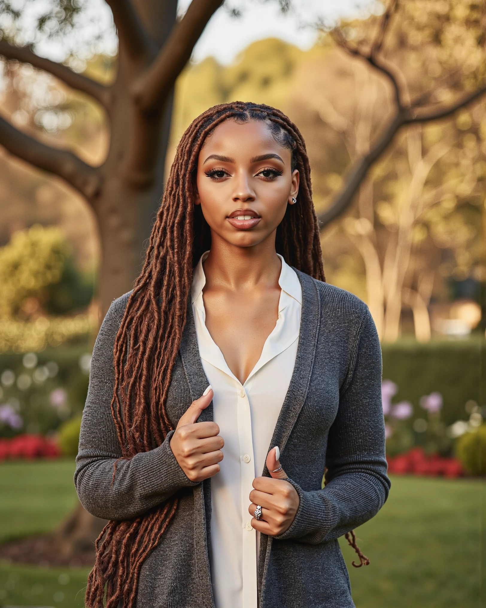 A luxury black women with a long brown box braid hair, stands confidently in a form-fitting grey cardigan, white shirt, hand resting on the jacket. The scene is framed with a rule of thirds, shot in a warm, golden hour light, creating a soft, cinematic glow. The background is a luxurious, sunlit garden with a hint of film grain, adding a tactile, nostalgic feel. The lighting is a mix of natural sunlight and a soft, warm fill light from the side, casting gentle shadows and highlighting the textures of the clothing. The overall atmosphere is serene and elegant, reminiscent of a Wes Anderson film.