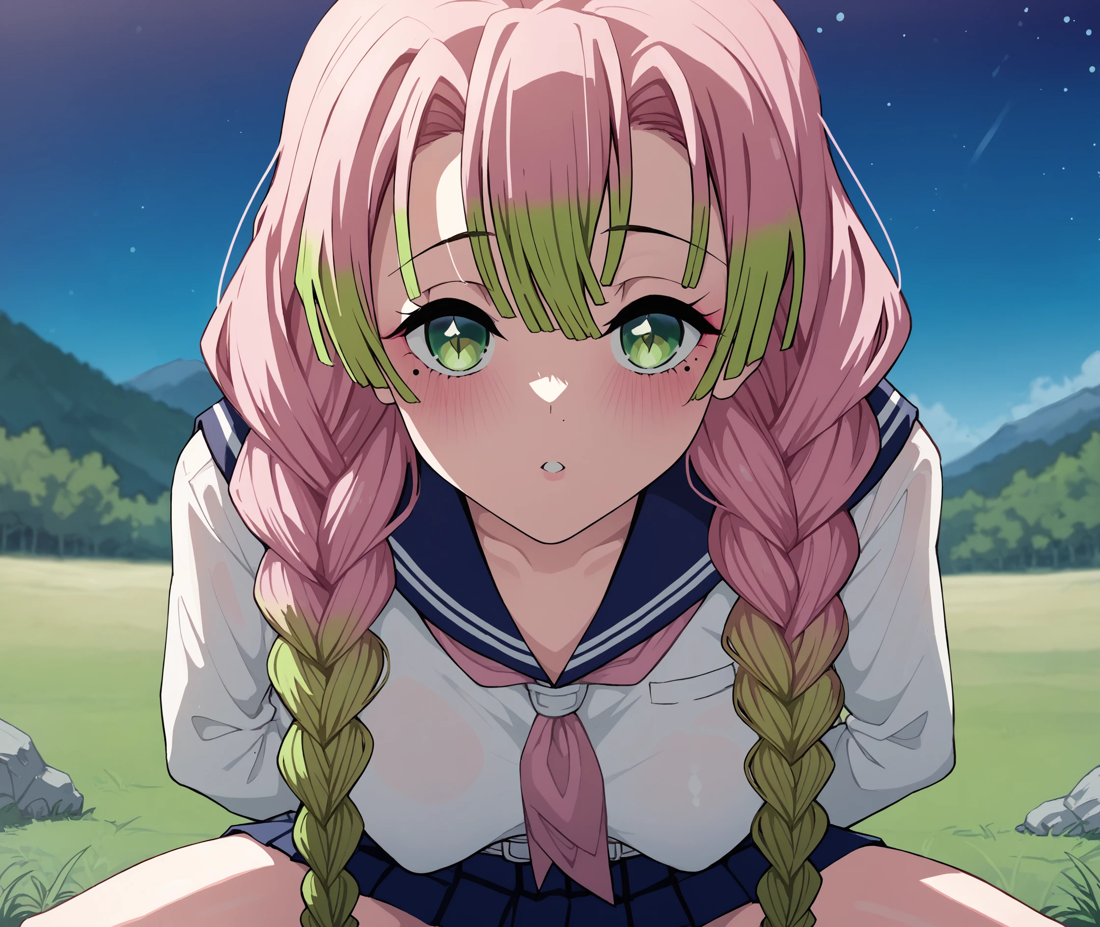 score_9, score_8_up, score_7_up, highres, hi res, best quality, masterpiece, 2d, intricate details, 4k, anime coloring, shadow, uncensored,
1girl, solo, female, bangs, braid, gradient hair, green eyes, green hair, long hair, mole, mole under eye, multicolored hair, pink hair, kanroji mitsuri, kimetsu no yaiba,
school uniform, serafuku, sailor collar, sailor fuku, pleated skirt, long sleeves, necktie, shirt, 
cowboy shot, upper body, squatting, leaning forward, hanging breasts, arms behind back,
outdoors, on grass, field, depth of field, mountain, horizon, outdoors, forest, field, night, sky, night sky, star \(sky\), starry sky, <lora:KakureEria_1024_PonyS:1>,