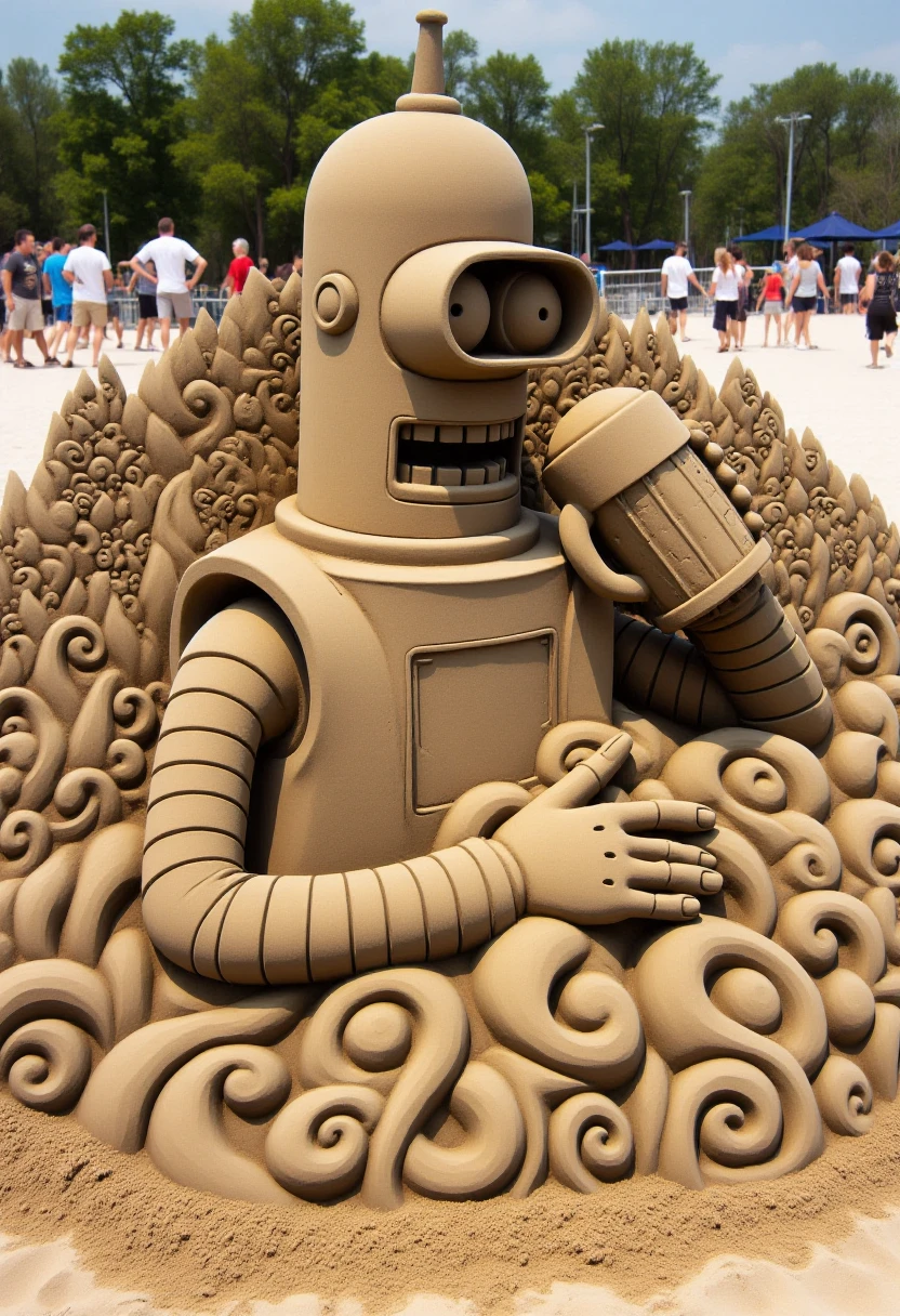 <lora:Sand_Sculpture_Sculptor_FLUX:1>
The image is a photograph of a detailed sand sculpture depicting a majestic Bender drinking beer with intricate carvings.