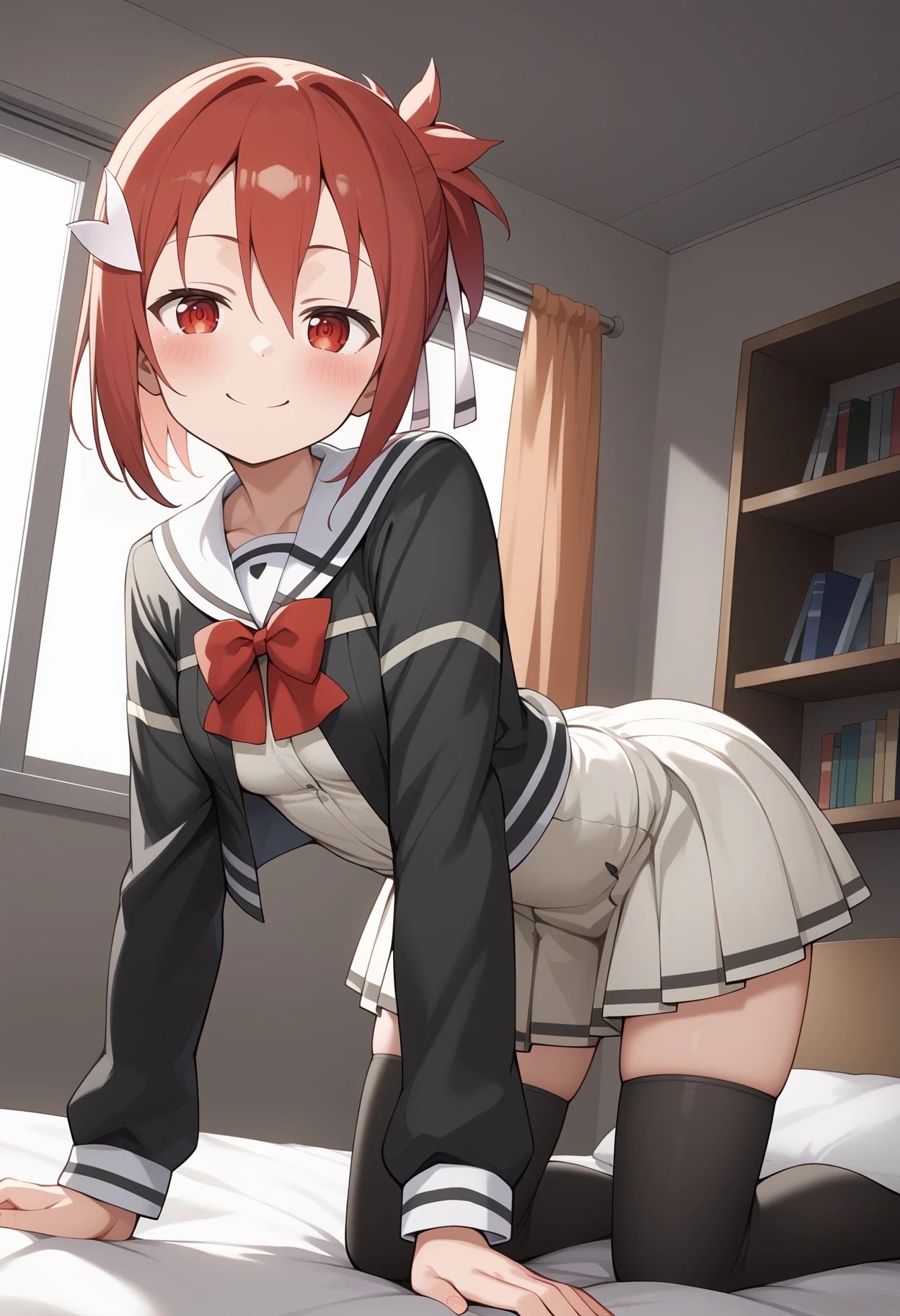 NSFW,1girl in,(standing),From below,Looking at Viewer,Tomomi_Xijing, bow ribbon, Short hair, School uniform,red school uniform,Winter clothes,Long sleeves,Long skirt,(white lace Panties),Perfect Lighting,1girl in,, up skirt,Best Quality,Smile,blush,anime screen cap,Flat color,cel shading,(tucking up the skirt:1.2),(short torso),(Show panties,pantyshot,up skirt,Skirt lift)