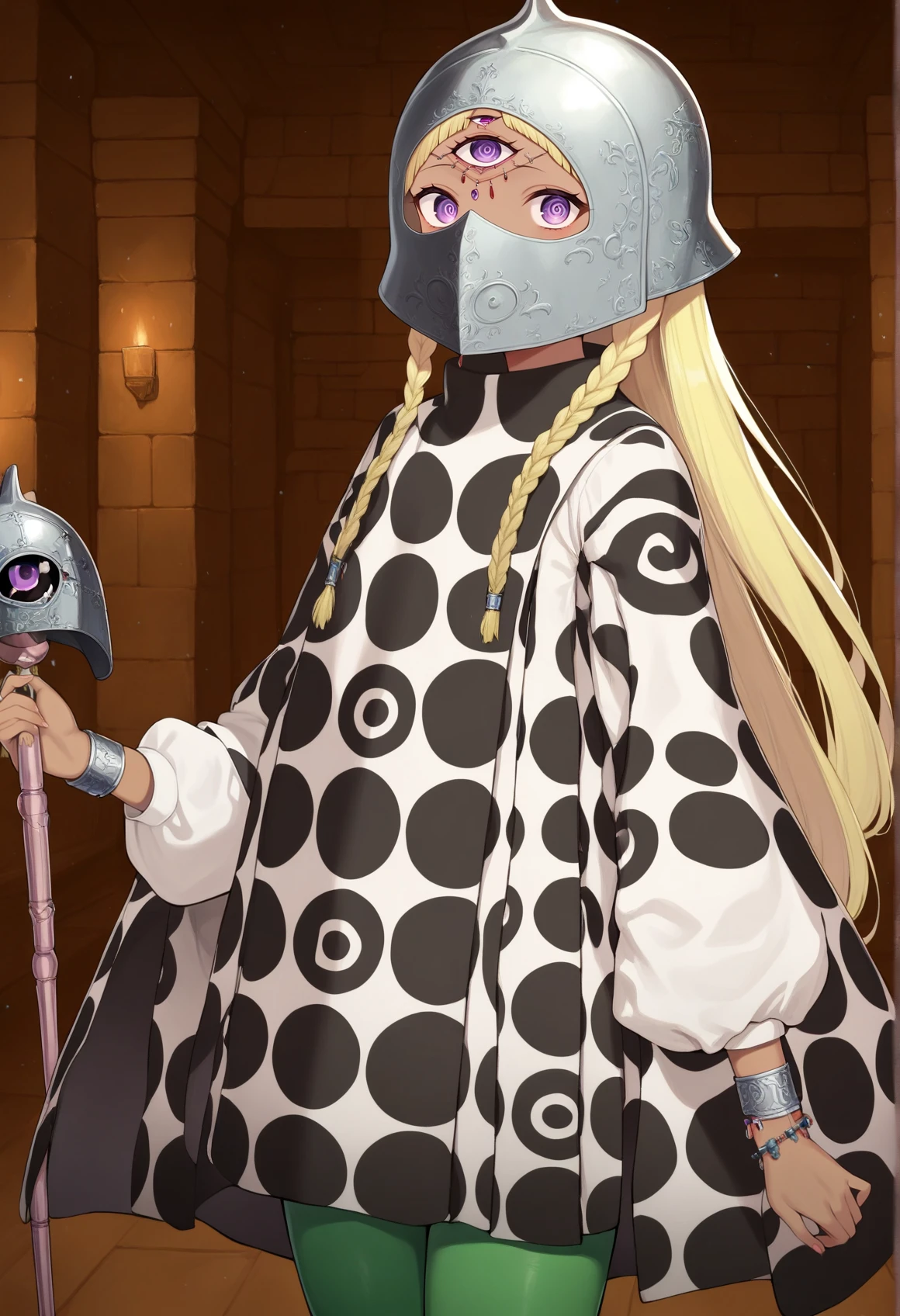 1girl, long hair, blonde hair, braid, purple eyes, dark skin, third eye, helmet, mask, jewelry, bracelet, white shirt, long sleeves, poncho, green leggings, cowboy shot, indoors, greek temple, looking at viewer  <lora:Eupha_Illus:1>, masterpiece, best quality, amazing quality, very aesthetic, absurdres, highres, newest