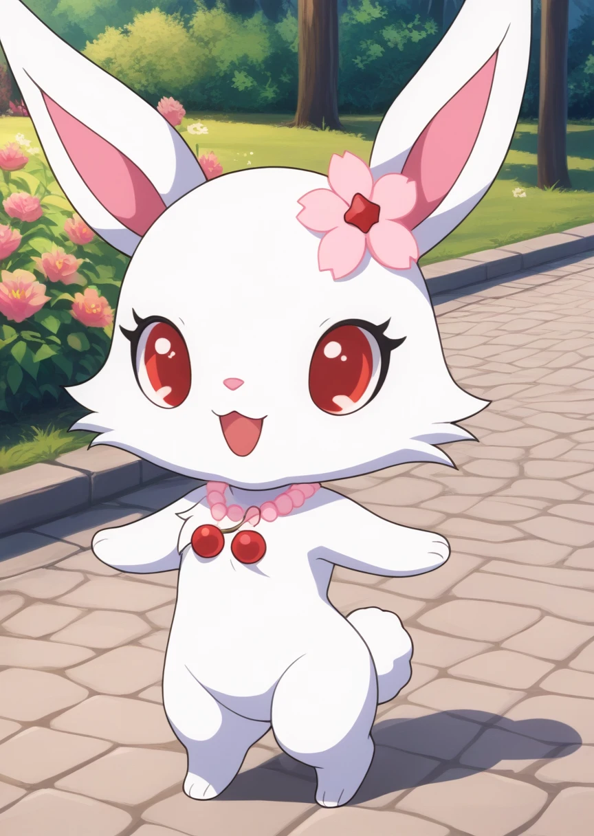 score_9, score_8_up, score_7_up, score_6_up, score_5_up, BREAK
ru6y, anthro, female, jewelpet, furry, rabbit ears, solo, looking at viewer, smile, open mouth, hair ornament, red eyes, flower, :d, necklace, no humans, rabbit, chibi, short limbs, park