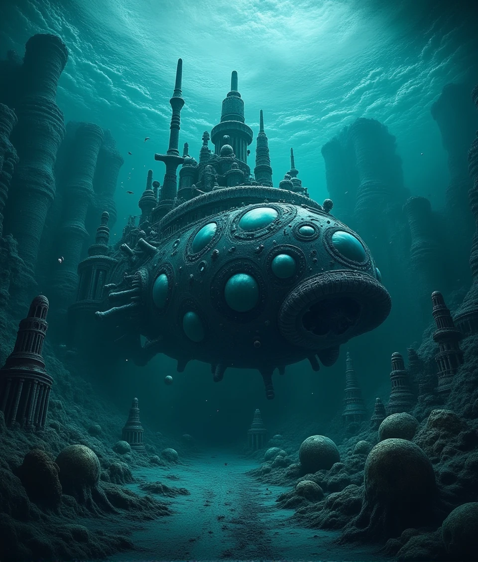 eerie-nightmarish,a biologically transformed submarine under ocean