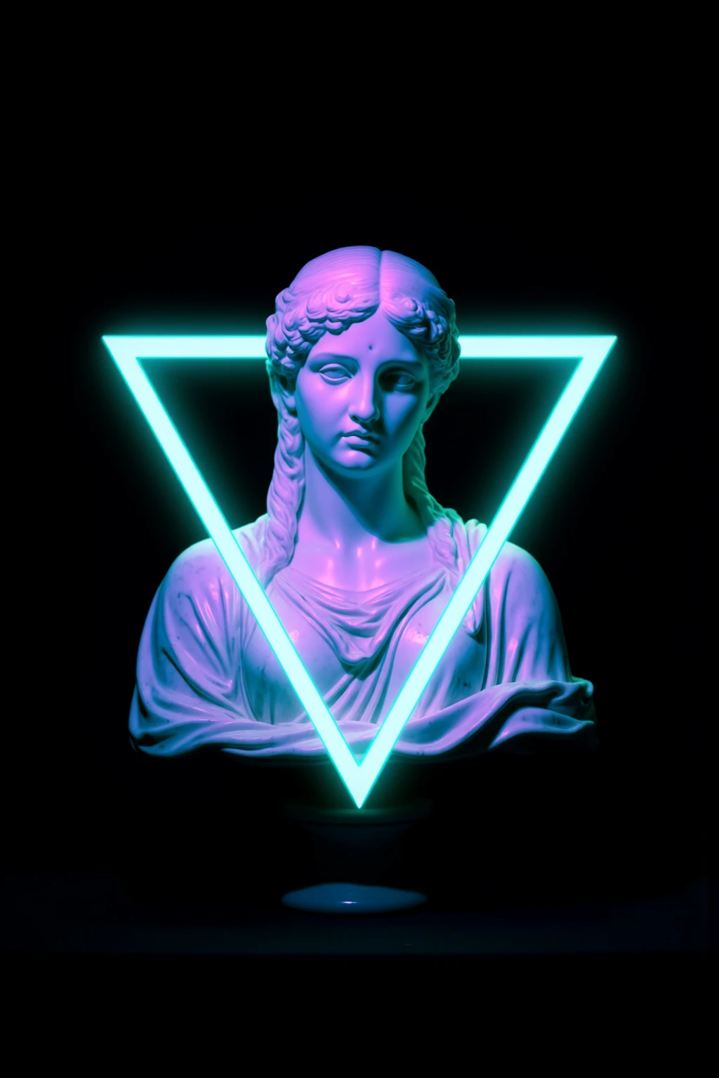 CynthiaSculpture, this is an image of a female statue with a futuristic and minimalist geometric element, showing a three-quarter view of the bust. the statue is illuminated with cool-toned blue and purple lighting, emphasizing the details of the face and clothing with a refined marble texture. an inverted neon triangle frames the statue’s upper body, emitting a bright teal glow, adding a modern and futuristic visual effect. the background is dark, contrasting sharply with the neon glow, making the statue the focal point of the image. the overall style combines the elegance of classical sculpture with modern geometric shapes, creating a serene yet avant-garde visual experience.