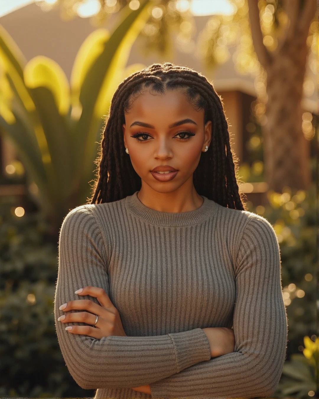 A luxury black women with a long amber box braid hair, stands confidently in a form-fitting grey formfitting  red crewneck shirt , arms crossed in front . The scene is framed with a rule of thirds, shot in a warm, golden hour light, creating a soft, cinematic glow. The background is a luxurious, sunlit garden with a hint of film grain, adding a tactile, nostalgic feel. The lighting is a mix of natural sunlight and a soft, warm fill light from the side, casting gentle shadows and highlighting the textures of the clothing. The overall atmosphere is serene and elegant, reminiscent of a Wes Anderson film.