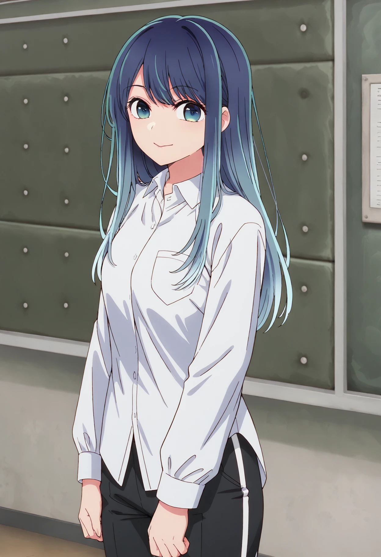 <lora:kurokawaakane_ill:1>,kurokawaakane, solo, 1girl, long hair, chalkboard, pocket, blue hair, looking at viewer, white shirt, long sleeves, track pants, breast pocket, indoors, collared shirt, bangs, smile, closed mouth, standing, aqua eyes, cowboy shot,, gradient hair, black pants, cowboy shot,smile,