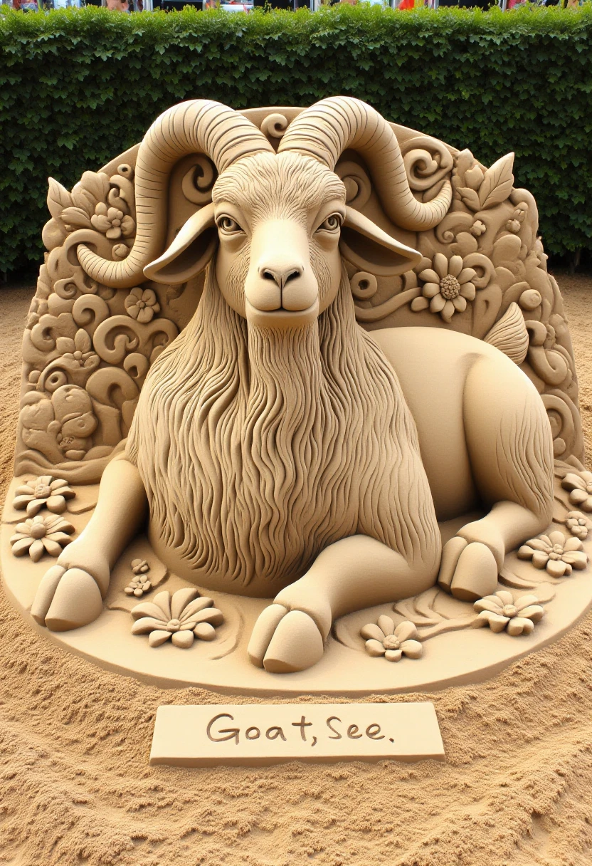 <lora:Sand_Sculpture_Sculptor_FLUX:1>
The image is a photograph of a detailed sand sculpture depicting a majestic goat with intricate carvings. The sculpture is made of light brown sand and features a lifelike goat with a prominent curved horn on each side of its head, a long beard, and expressive eyes. The goat's body is detailed with fur-like texture, showing a clear representation of its legs, hooves, and tail. The goat is reclining in a serene pose, with its front legs stretched out and its head slightly tilted, giving it a regal appearance.
The background and base of the sculpture are covered in a sandy surface, which appears to be part of a sandpit or a sandy area. Surrounding the goat, there are stylized, swirling patterns and flowers carved into the sand, adding to the overall aesthetic and providing a sense of a natural, lush environment. There is a nameplate on the piece with the words "Goat, See"