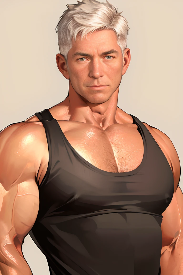 masterpiece, 4k, highres, best quality, absurdres, upper body, (mature male:1.1), <lora:DerekSteel:0.75>, dereksteel, muscular male, facing viewer, (straight-on:1.1), tank top, simple background, (tan:0.8)