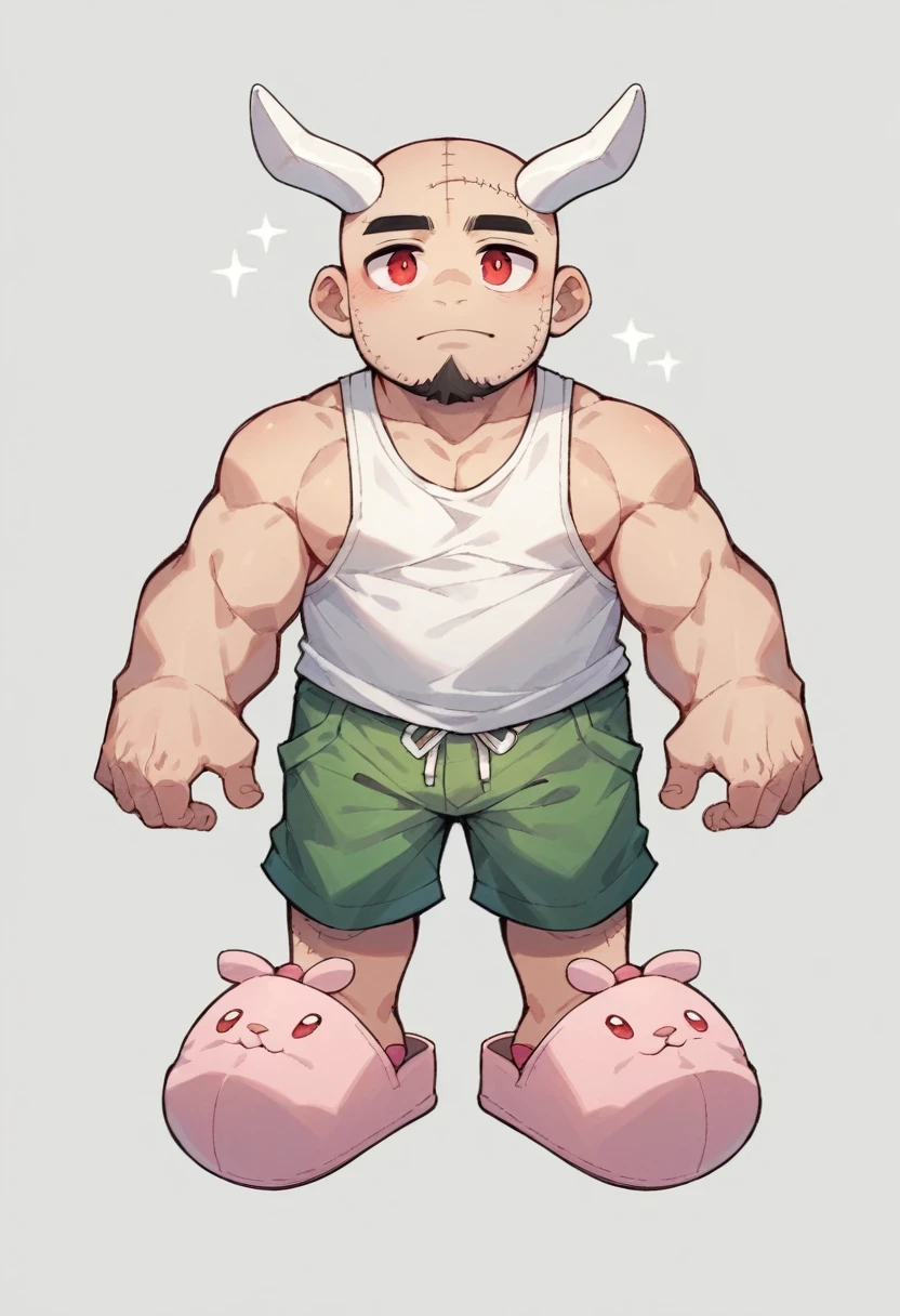 Braxton_SML, solo, 1boy, red eyes, full body, male focus, white horns, shorts, facial hair, tank top, stitches on head, white tank top, green shorts, bald, pink bunny slippers, black facial hair