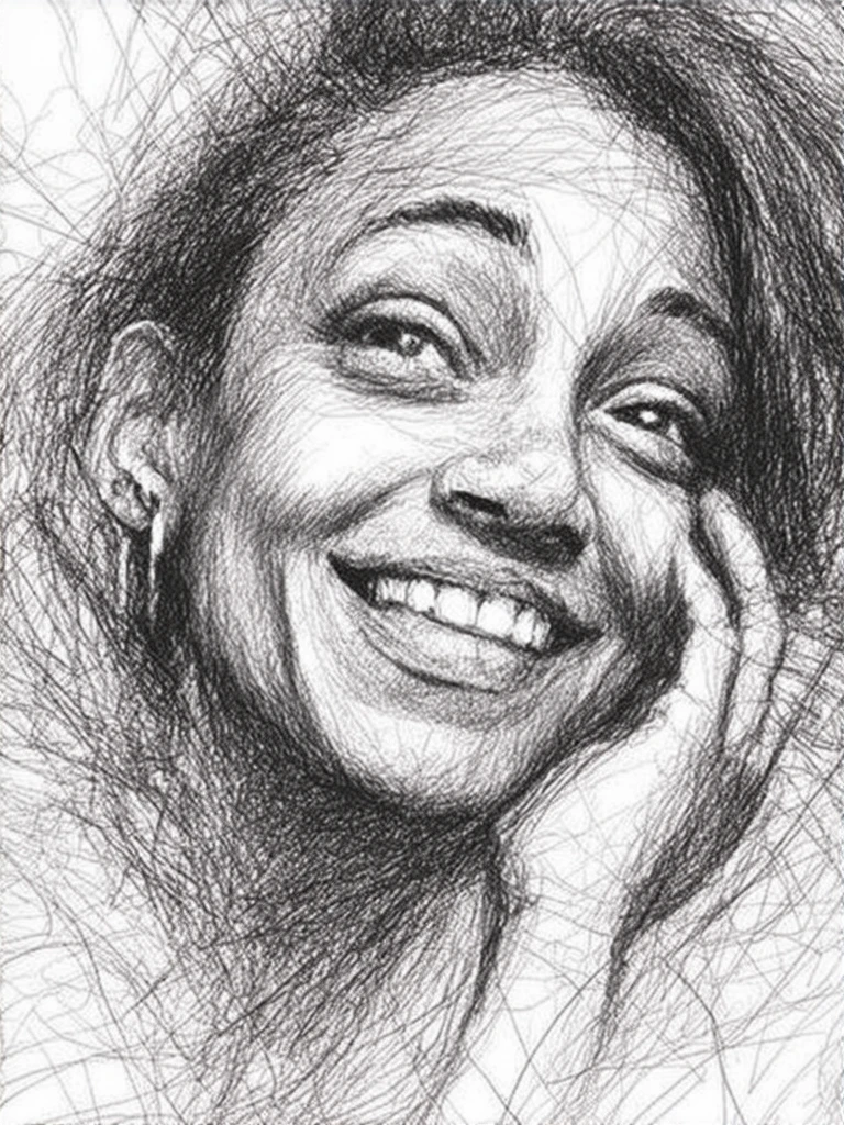 pencil_drawing,created using a combination of pen and ink techniques. The drawing is rendered in a loose, The image is a highly detailed, thoughtful smile and her gaze is directed slightly off-camera, swirling lines that create a sense of movement and energy, adding to the chaotic, giving it a dynamic, abstract portrait of a character with an intense, touching his ear, distressed appearance.