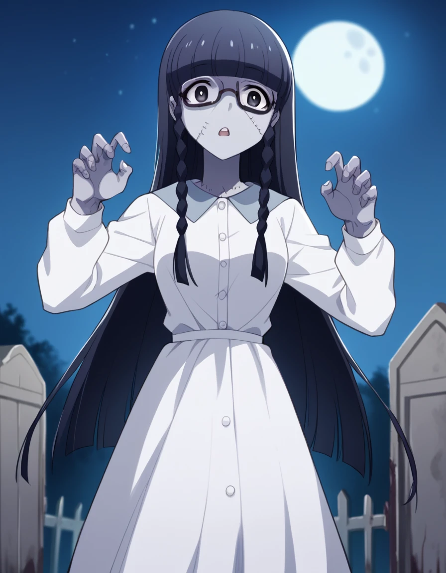 score_9, score_8_up, score_7_up, source_anime, <lora:setsuna-shimazaki-s1-ponyxl-lora-nochekaiser:1>, setsuna shimazaki, long hair, bangs, black eyes, black hair, braid, glasses, blunt bangs, twin braids, semi-rimless eyewear, under-rim eyewear, medium breasts,, <lora:zombie-ponyxl-lora-nochekaiser:1>, zombie, colored skin, stitches, grey skin, multicolored skin, stitched face, zombie pose, halloween, halloween costume,, night, moon, graveyard, tombstone, grave, open mouth, , dutch angle, cowboy shot