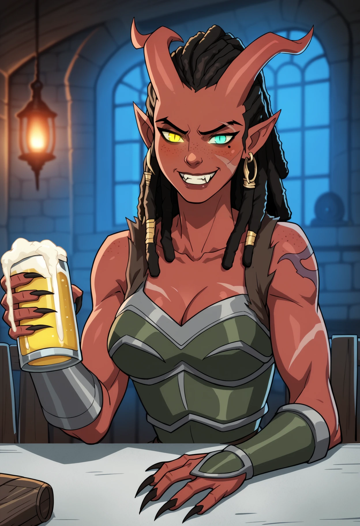 score_9, score_8_up, score_7_up, 2d, lineart, (upper body:0.9), medieval fantasy, solo, 1girl, adult woman, large breasts, toned female, devil horns, claws, tiefling, rogue, thief, face scars, bangs, red skin, mischievous grin, fang, drunk, freckles, blush, narrowed eyes, heterochromia, slit pupils, tattoos, earrings, clothing, armor, indoors, seedy tavern, dark, nasty inn, sitting at the counter, (beer:1.05), (lantern:0.9), night, dim lighting, volumetric lighting, black hair, dreadlocks   <lora:FantasyWesternAnimation_YoungJusticeDCAMU:1>