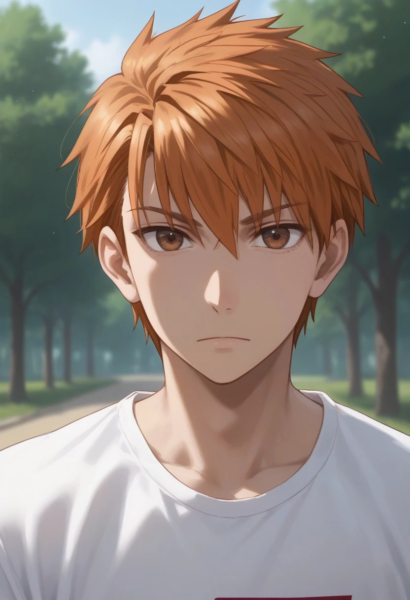 score_9, score_8_up, score_7_up, , rating_safe, , semi-realistic, looking at viewer, , 1boy, solo, male focus,kenji kazama,orange hair,brown eyes,spiky hair,shirt,closed mouth, white shirt, upper body,male focus, short sleeves, outdoors,blurry, tree,t-shirt,looking at viewer