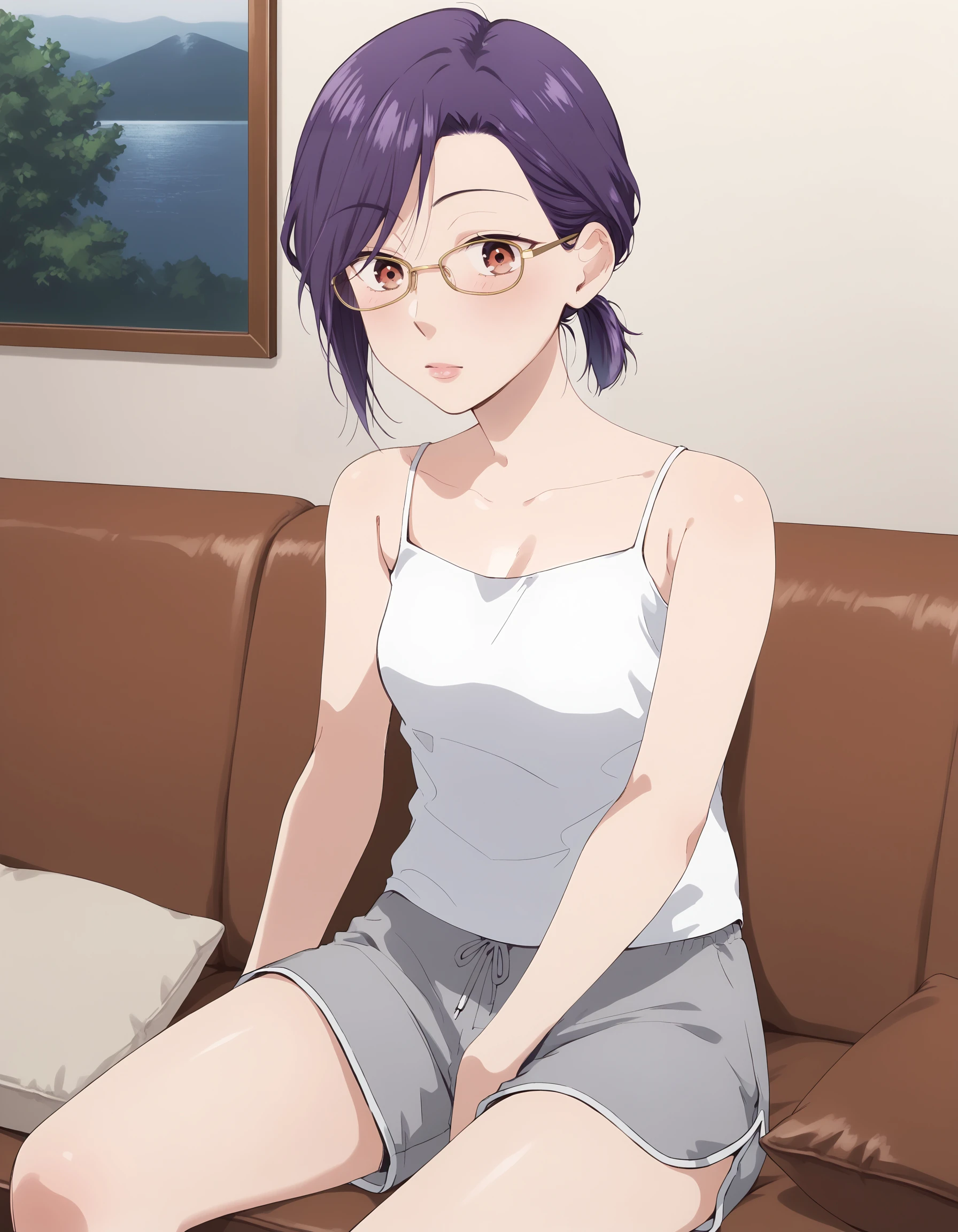 score_9, score_8_up, score_7_up
BREAK 1girl, <lora:ErikoXL-v4:1>, eriko, purple hair, short ponytail, low ponytail, red eyes, glasses, <lora:Camisole1XL-v1-03:0.7>, white camisole, dolphin shorts, grey shorts, sitting, indoors, living room